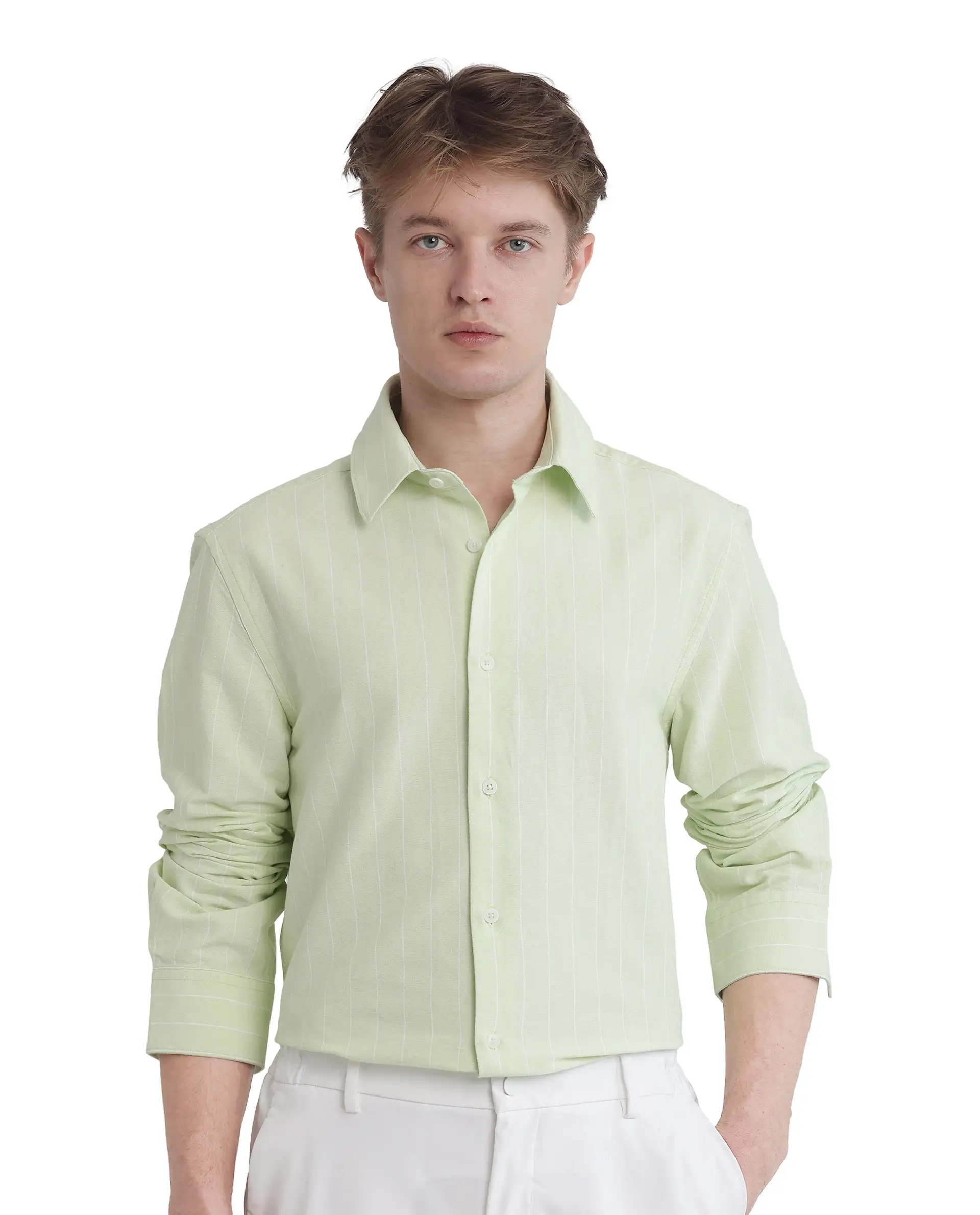 Rare Rabbit Men's Lorg Light Green Cotton Striped Print Regular Fit Full Sleeve Collared Shirt