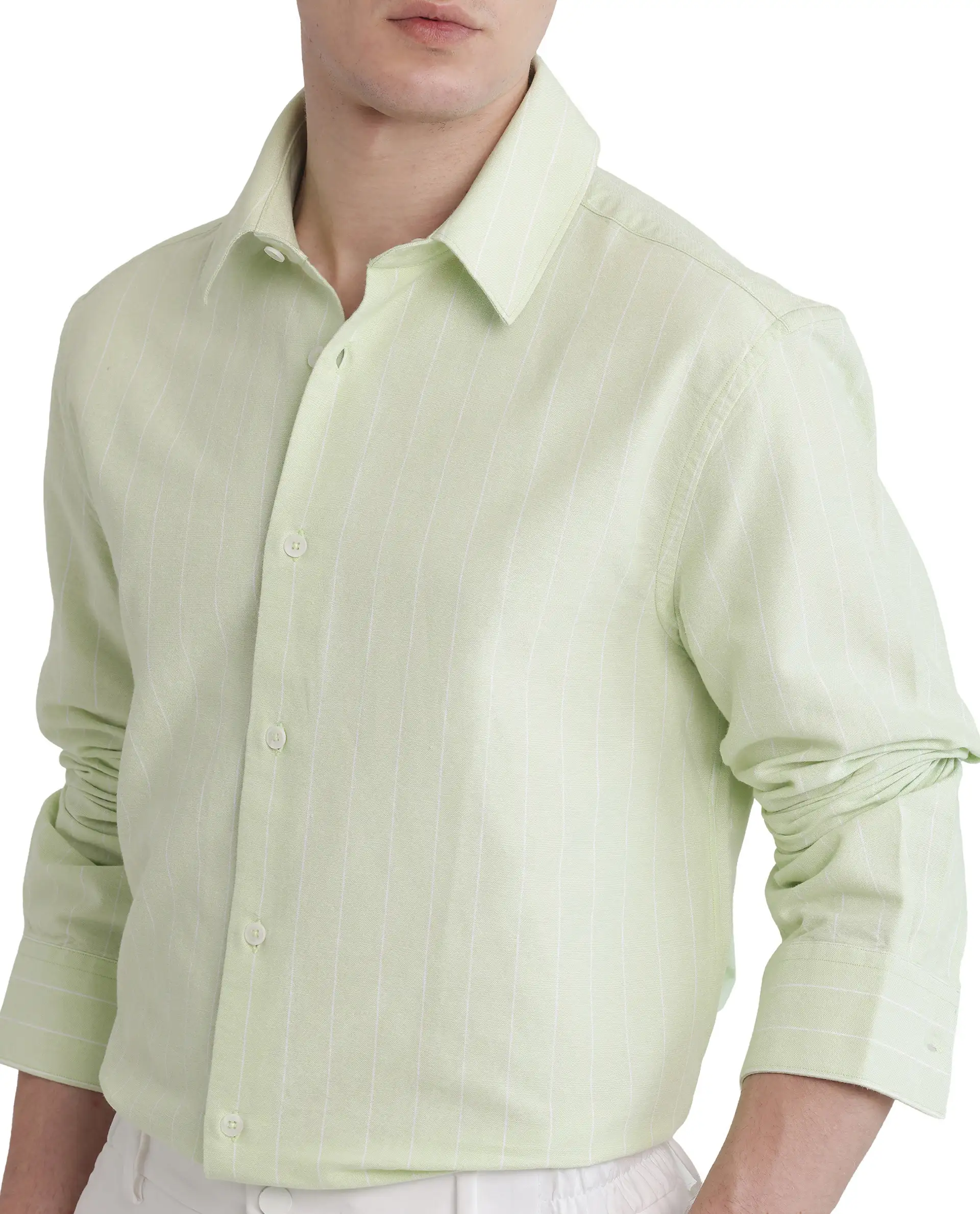 Rare Rabbit Men's Lorg Light Green Cotton Striped Print Regular Fit Full Sleeve Collared Shirt - Image 3