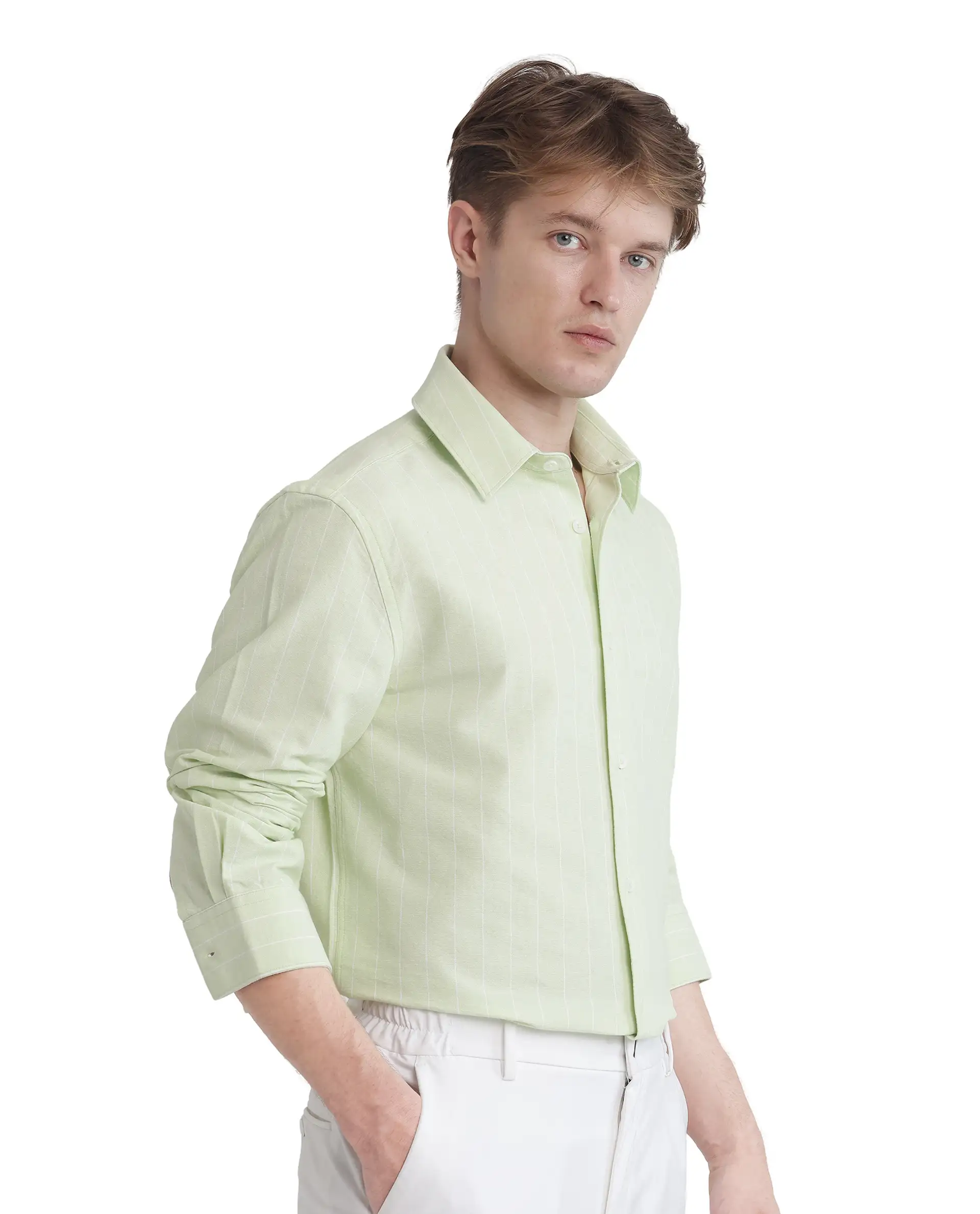 Rare Rabbit Men's Lorg Light Green Cotton Striped Print Regular Fit Full Sleeve Collared Shirt - Image 7