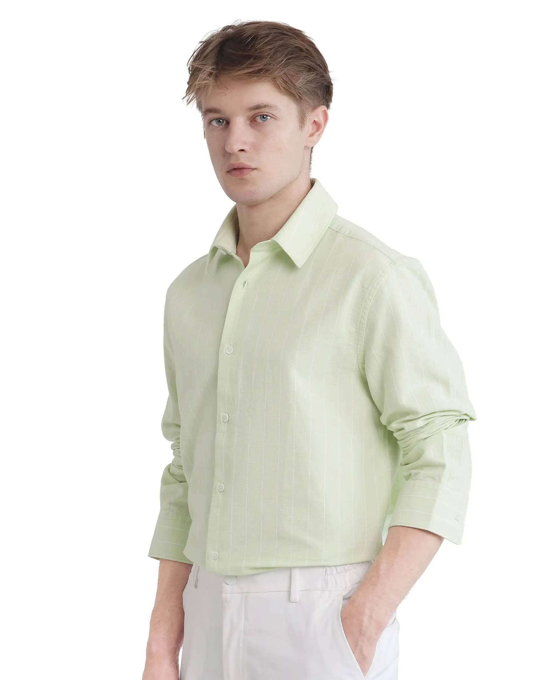 Rare Rabbit Men's Lorg Light Green Cotton Striped Print Regular Fit Full Sleeve Collared Shirt - Image 8