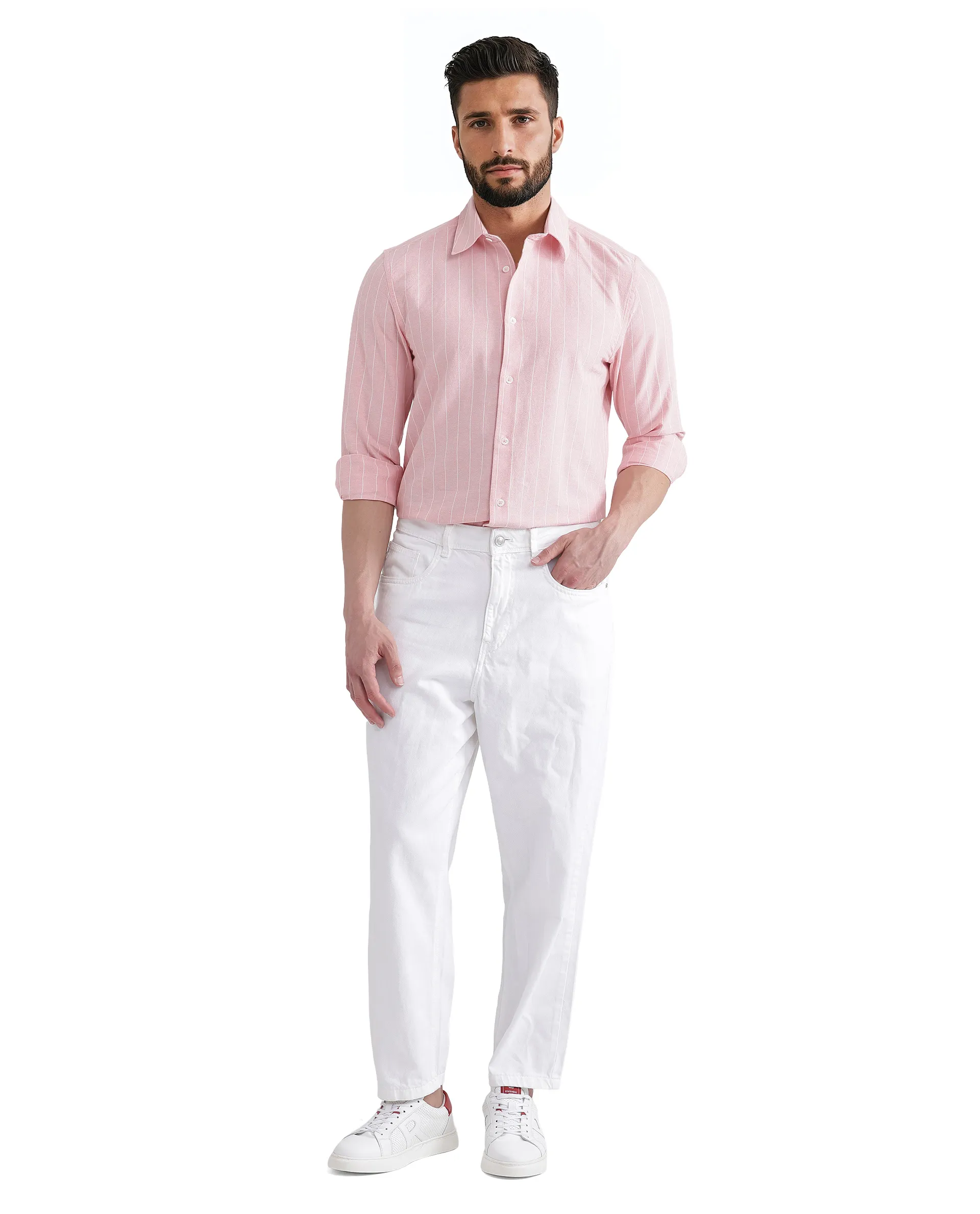 Rare Rabbit Men's Lork Pink Cotton Striped Print Regular Fit Full Sleeve Collared Shirt - Image 2