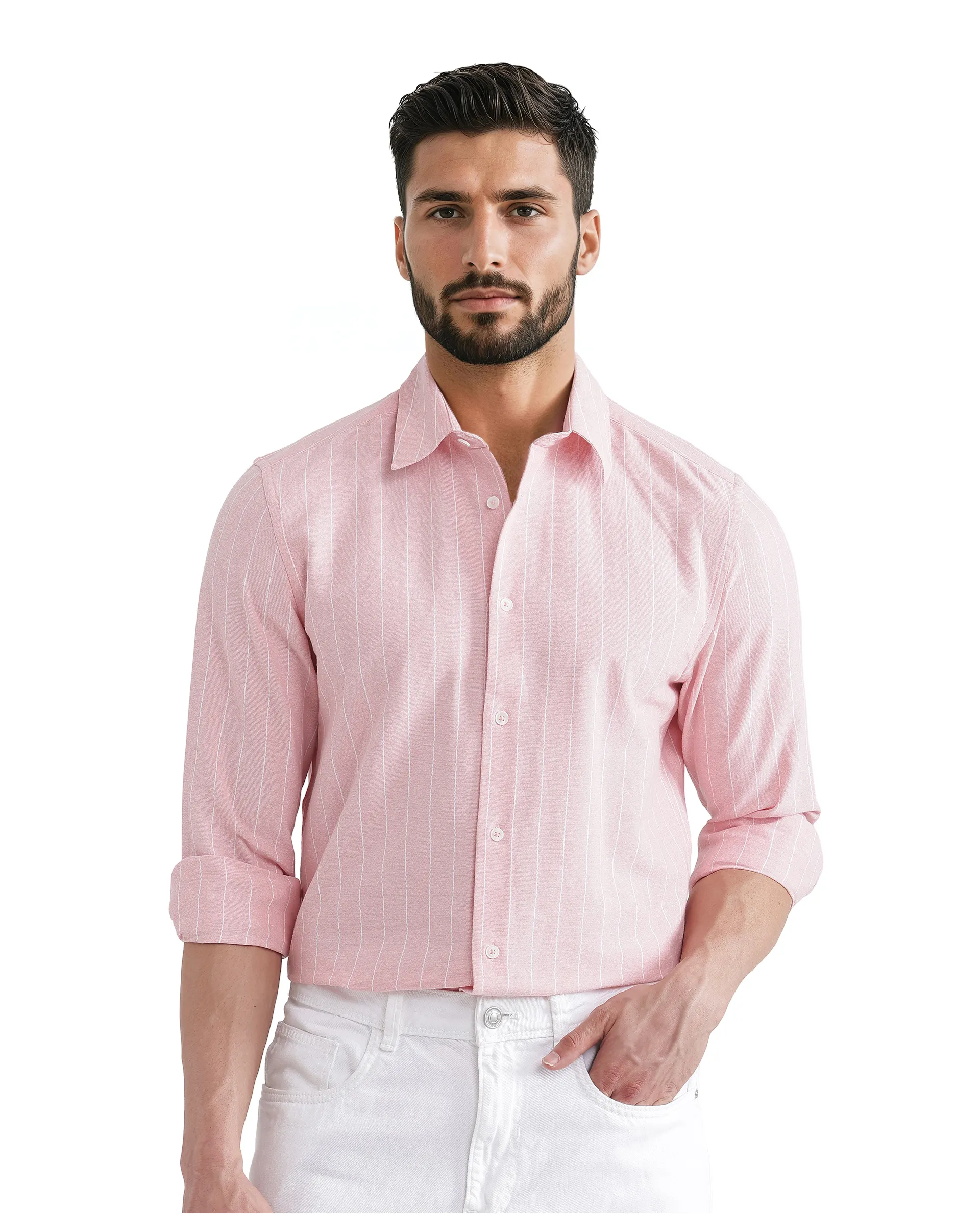 Rare Rabbit Men's Lork Pink Cotton Striped Print Regular Fit Full Sleeve Collared Shirt - Image 3