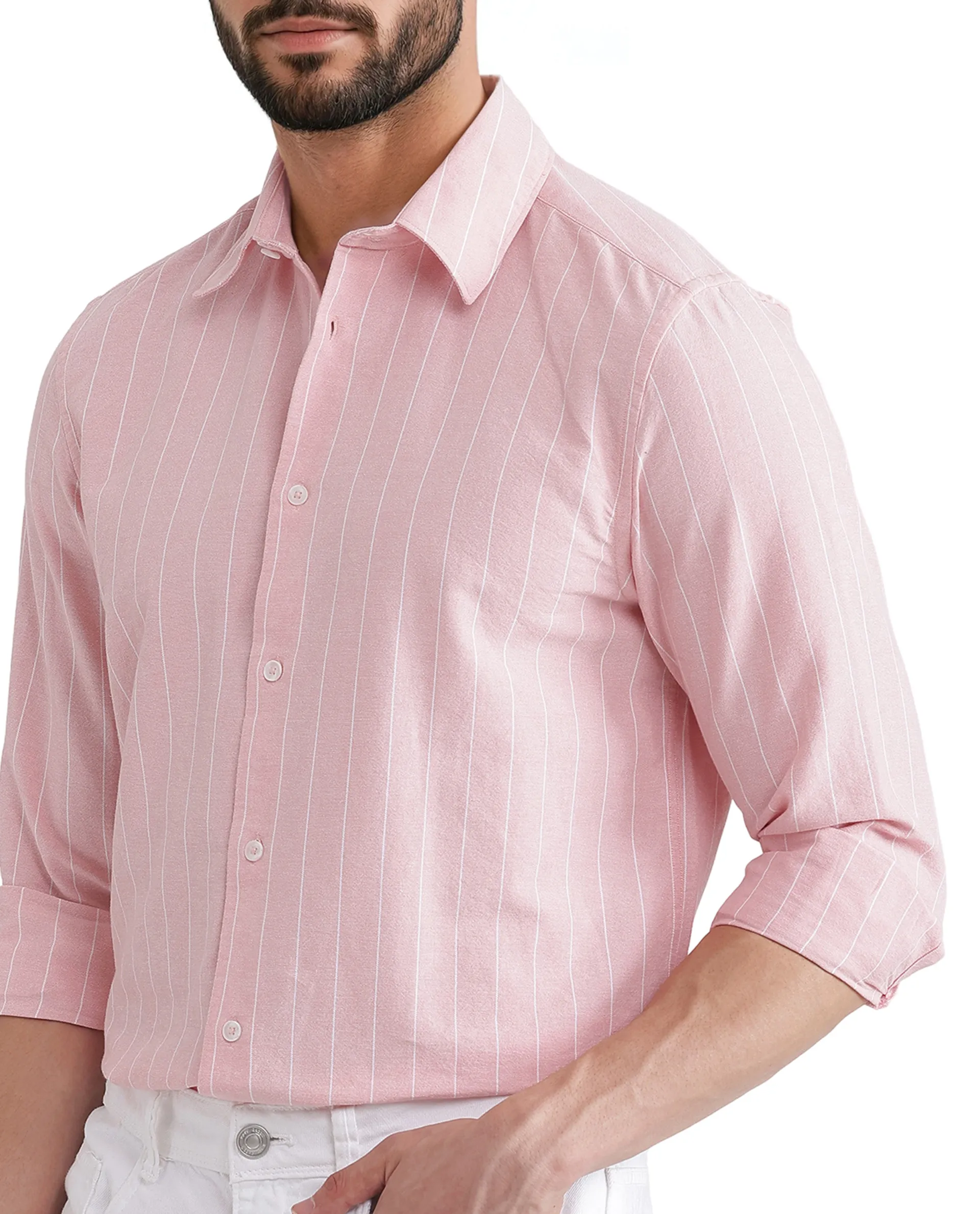 Rare Rabbit Men's Lork Pink Cotton Striped Print Regular Fit Full Sleeve Collared Shirt - Image 5