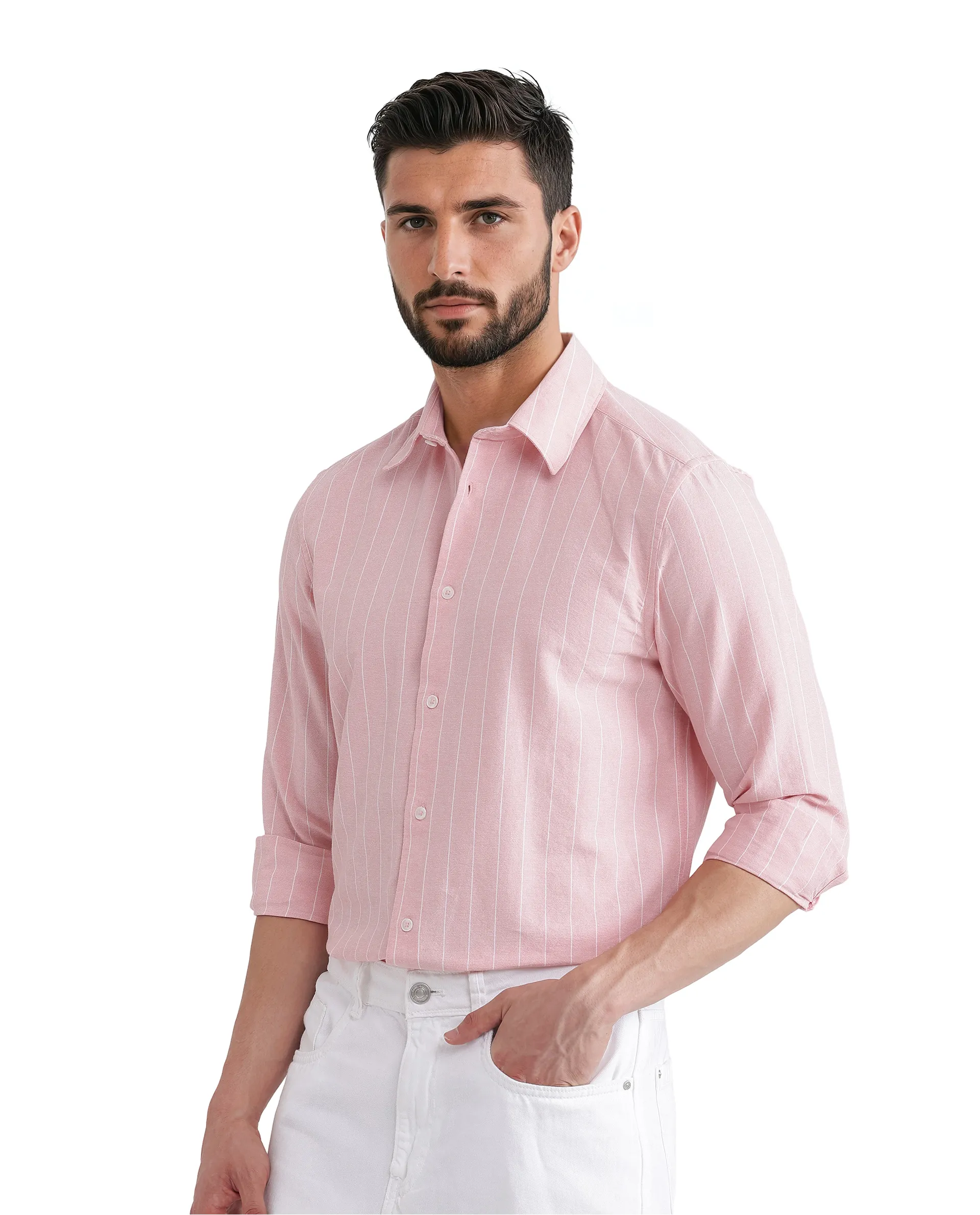 Rare Rabbit Men's Lork Pink Cotton Striped Print Regular Fit Full Sleeve Collared Shirt - Image 6