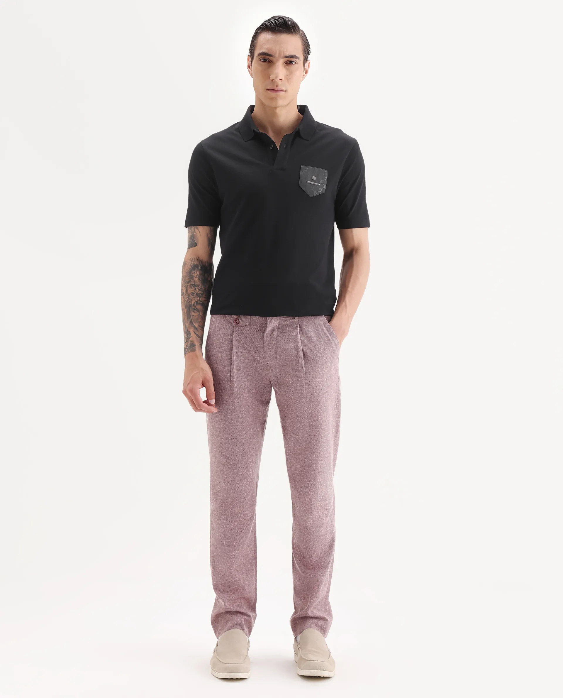 Rare Rabbit Men's Lorn Black Cotton Blend Fabric Half Sleeve Spread Collar Plain Polo - Image 2