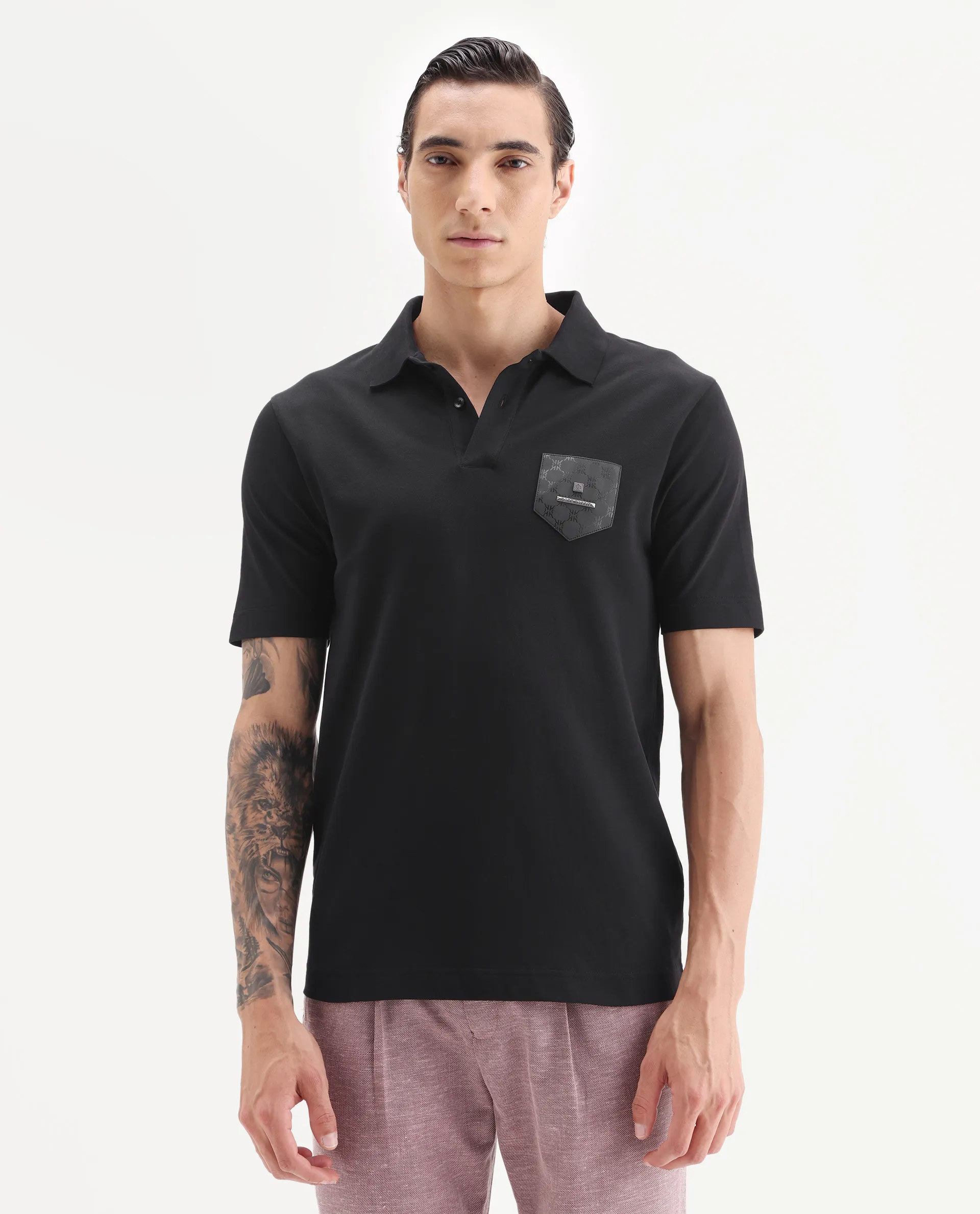 Rare Rabbit Men's Lorn Black Cotton Blend Fabric Half Sleeve Spread Collar Plain Polo - Image 3