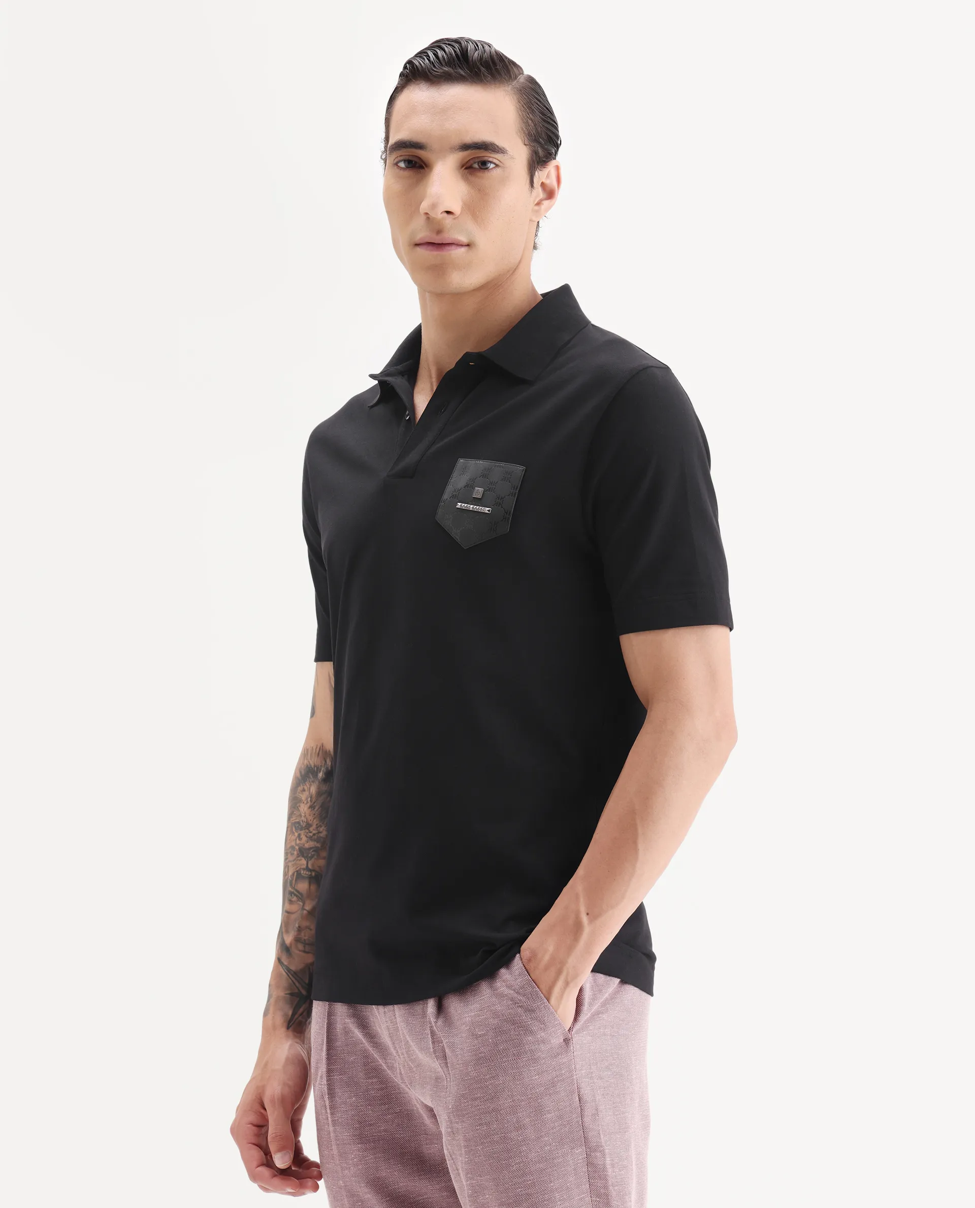 Rare Rabbit Men's Lorn Black Cotton Blend Fabric Half Sleeve Spread Collar Plain Polo - Image 4