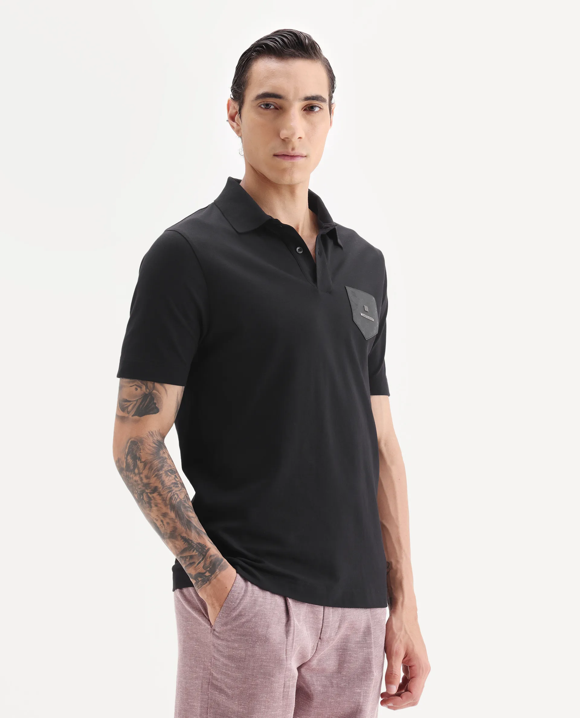 Rare Rabbit Men's Lorn Black Cotton Blend Fabric Half Sleeve Spread Collar Plain Polo - Image 5