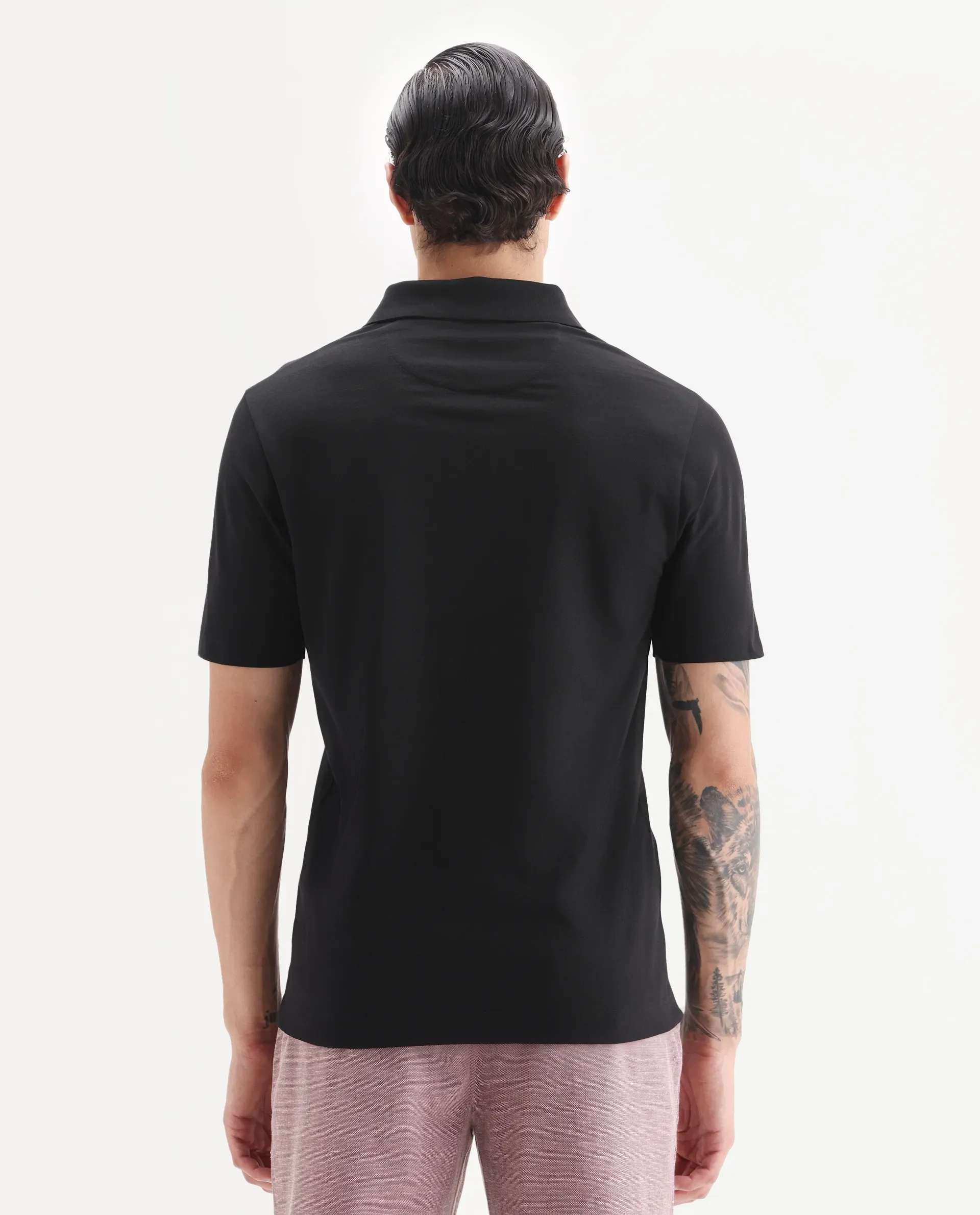 Rare Rabbit Men's Lorn Black Cotton Blend Fabric Half Sleeve Spread Collar Plain Polo - Image 6