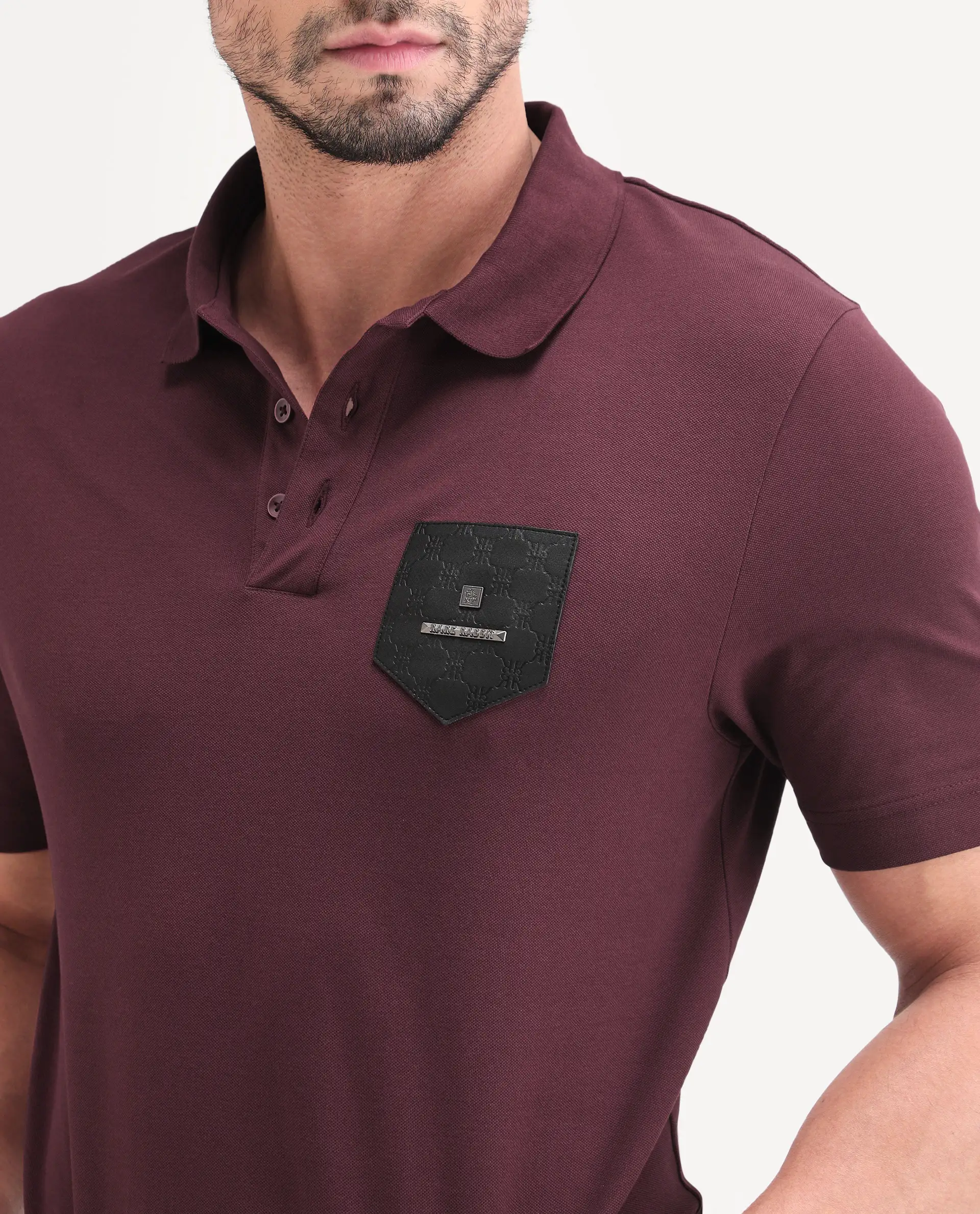 Rare Rabbit Men's Lorn-S26 Dark Red Cotton Blend Fabric Half Sleeve Spread Collar Regular Fit Monogram Print Polo - Image 2