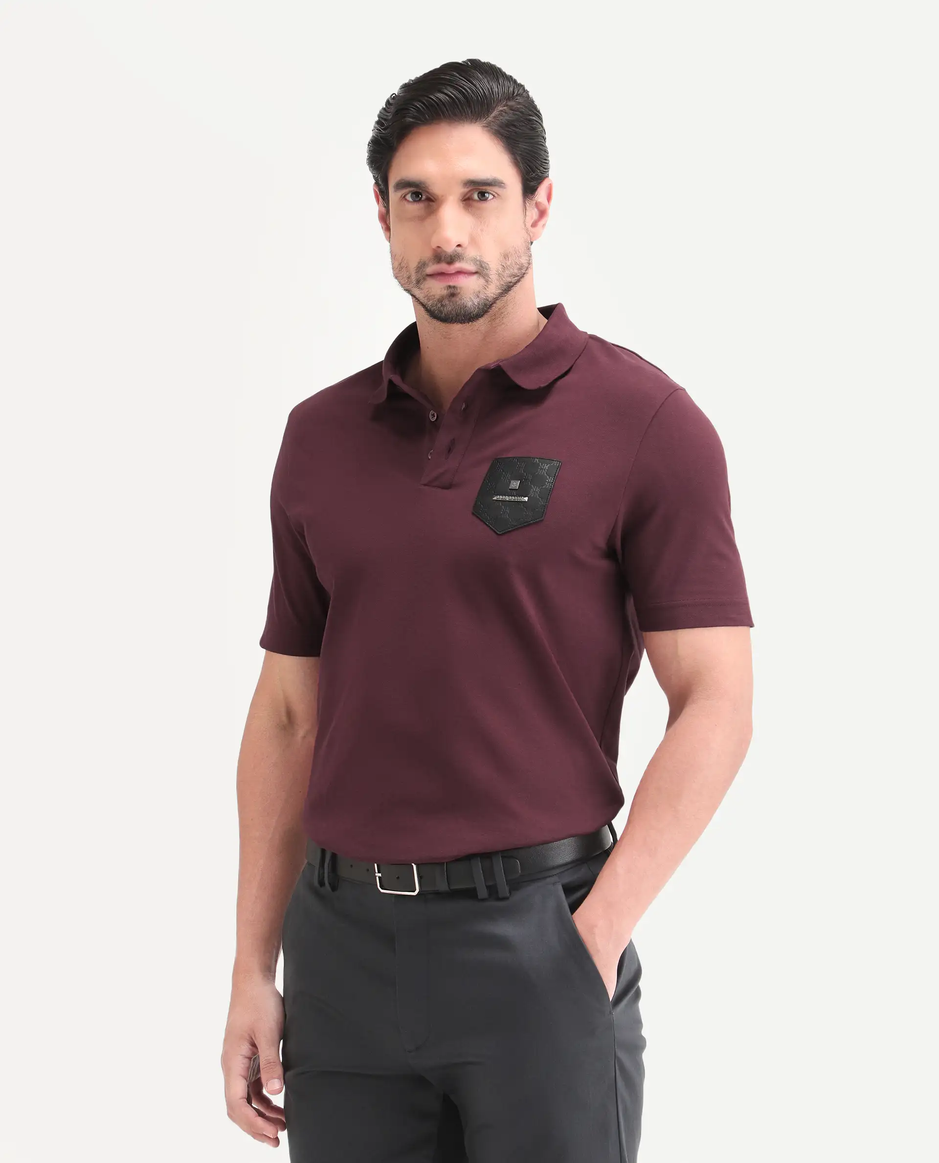 Rare Rabbit Men's Lorn-S26 Dark Red Cotton Blend Fabric Half Sleeve Spread Collar Regular Fit Monogram Print Polo - Image 4