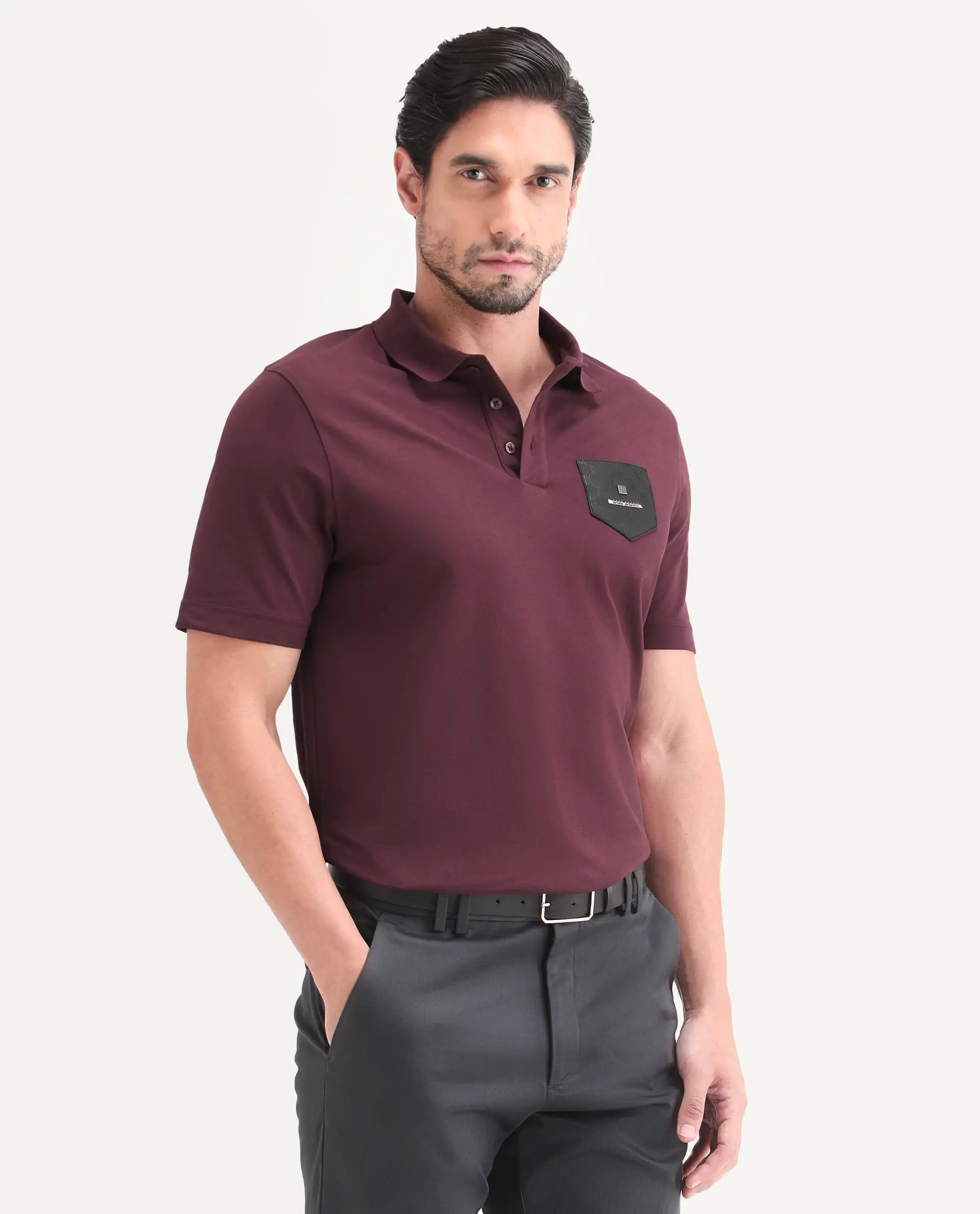 Rare Rabbit Men's Lorn-S26 Dark Red Cotton Blend Fabric Half Sleeve Spread Collar Regular Fit Monogram Print Polo - Image 5