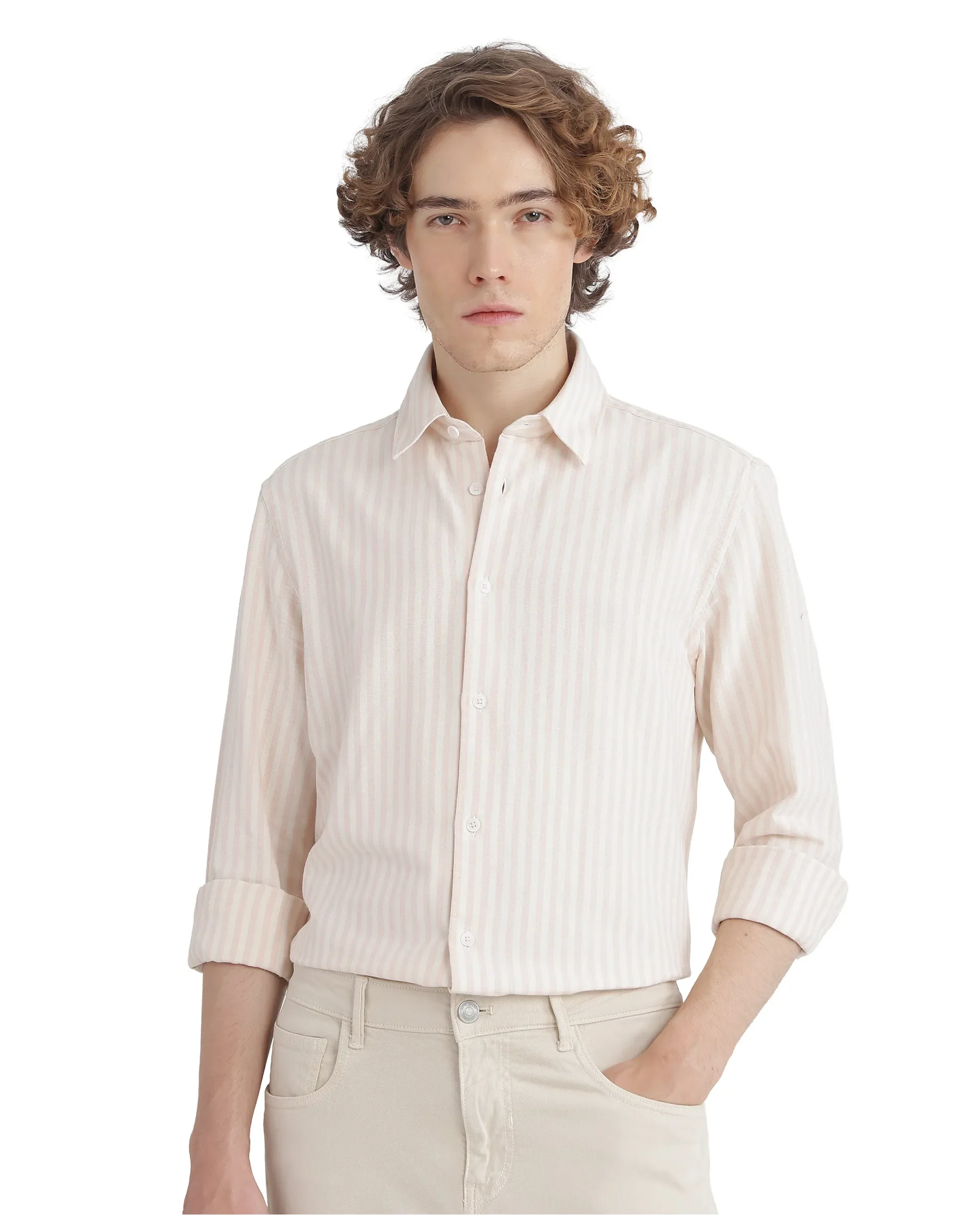 Rare Rabbit Men's Lorp Light Pink Cotton Striped Print Regular Fit Full Sleeve Collared Shirt - Image 2