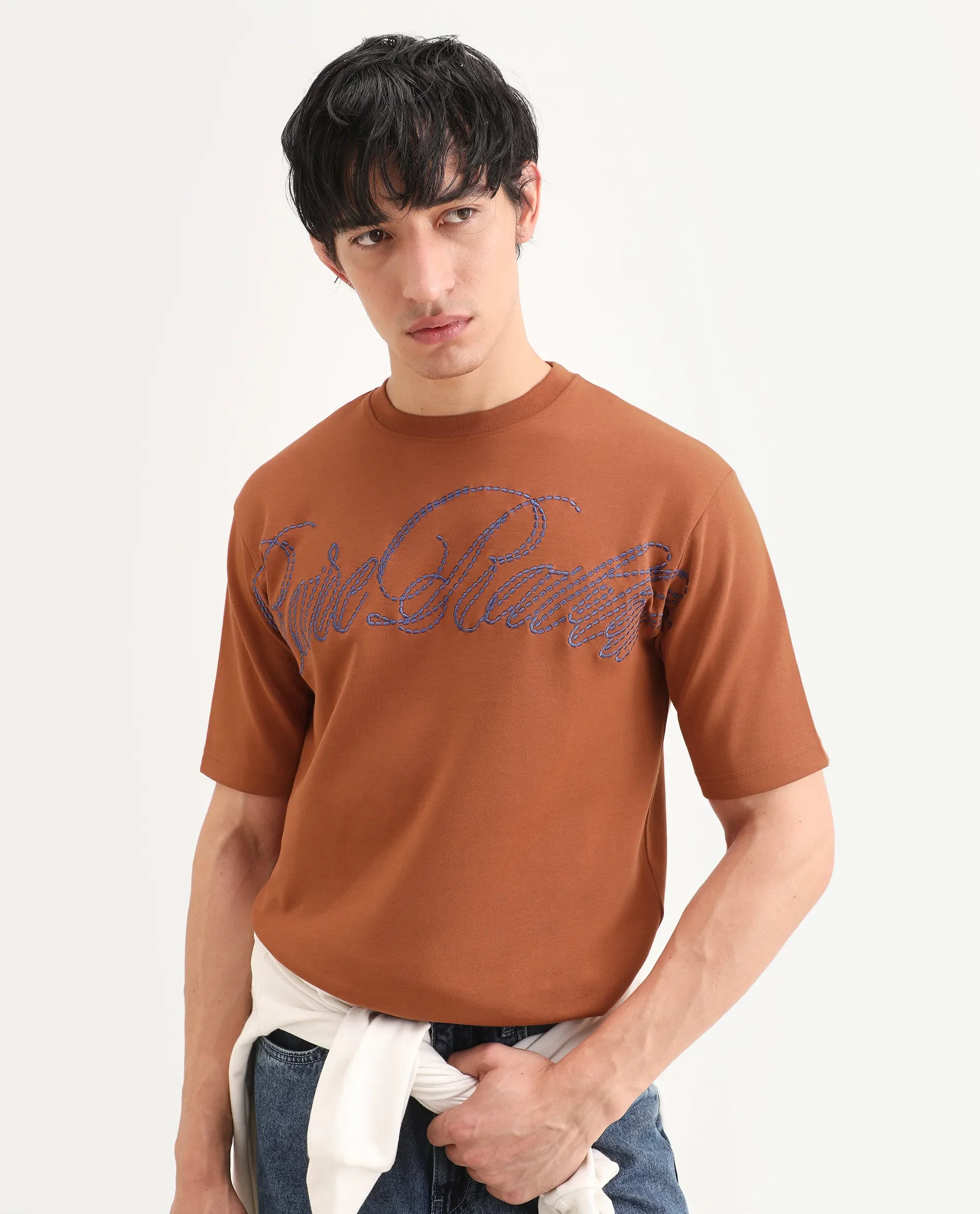 Rare Rabbit Men's Lort Dark Orange Cotton Blend Fabric Half Sleeve Crew Neck Oversize Embroidered T-Shirt