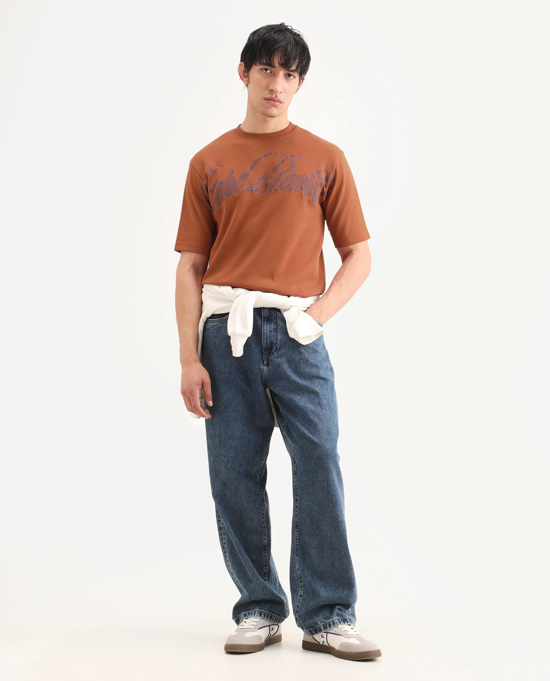 Rare Rabbit Men's Lort Dark Orange Cotton Blend Fabric Half Sleeve Crew Neck Oversize Embroidered T-Shirt - Image 2