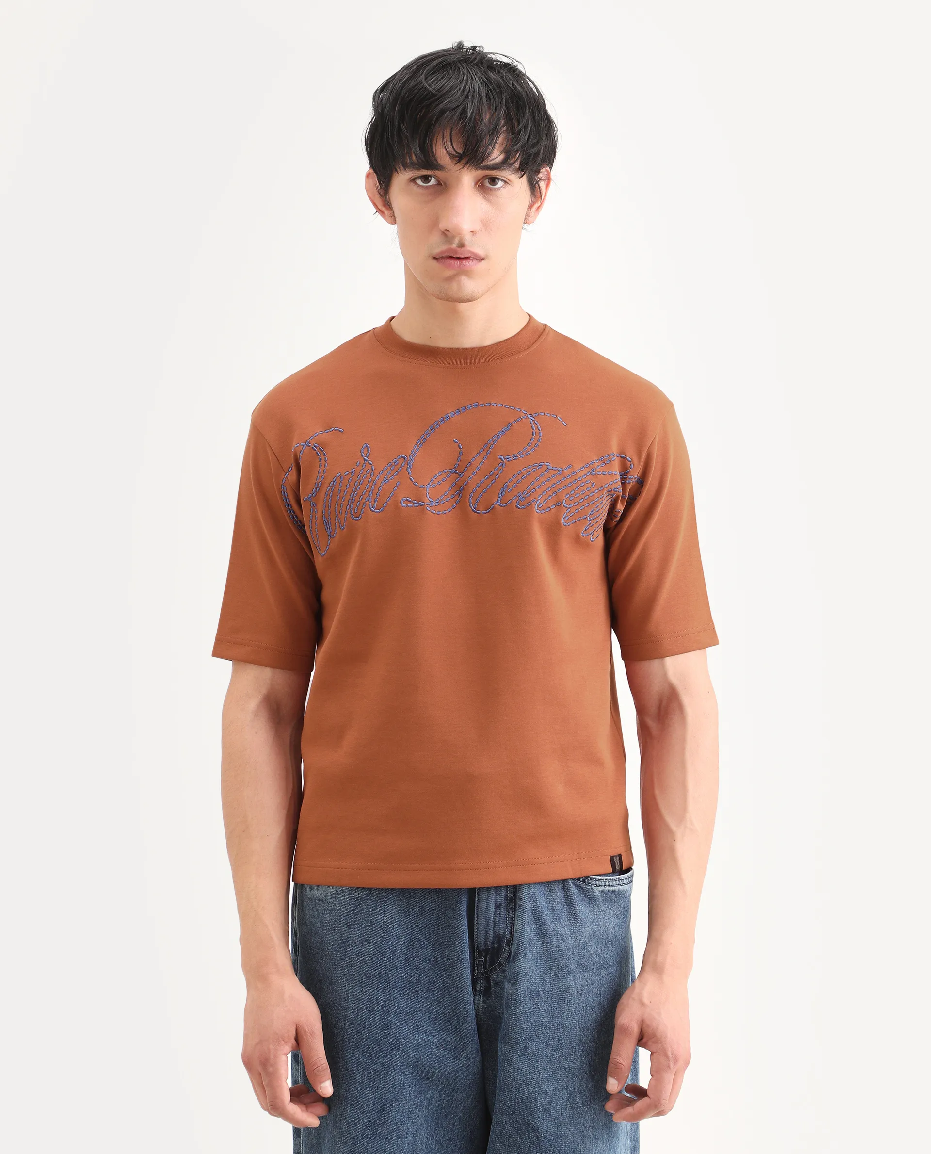Rare Rabbit Men's Lort Dark Orange Cotton Blend Fabric Half Sleeve Crew Neck Oversize Embroidered T-Shirt - Image 3