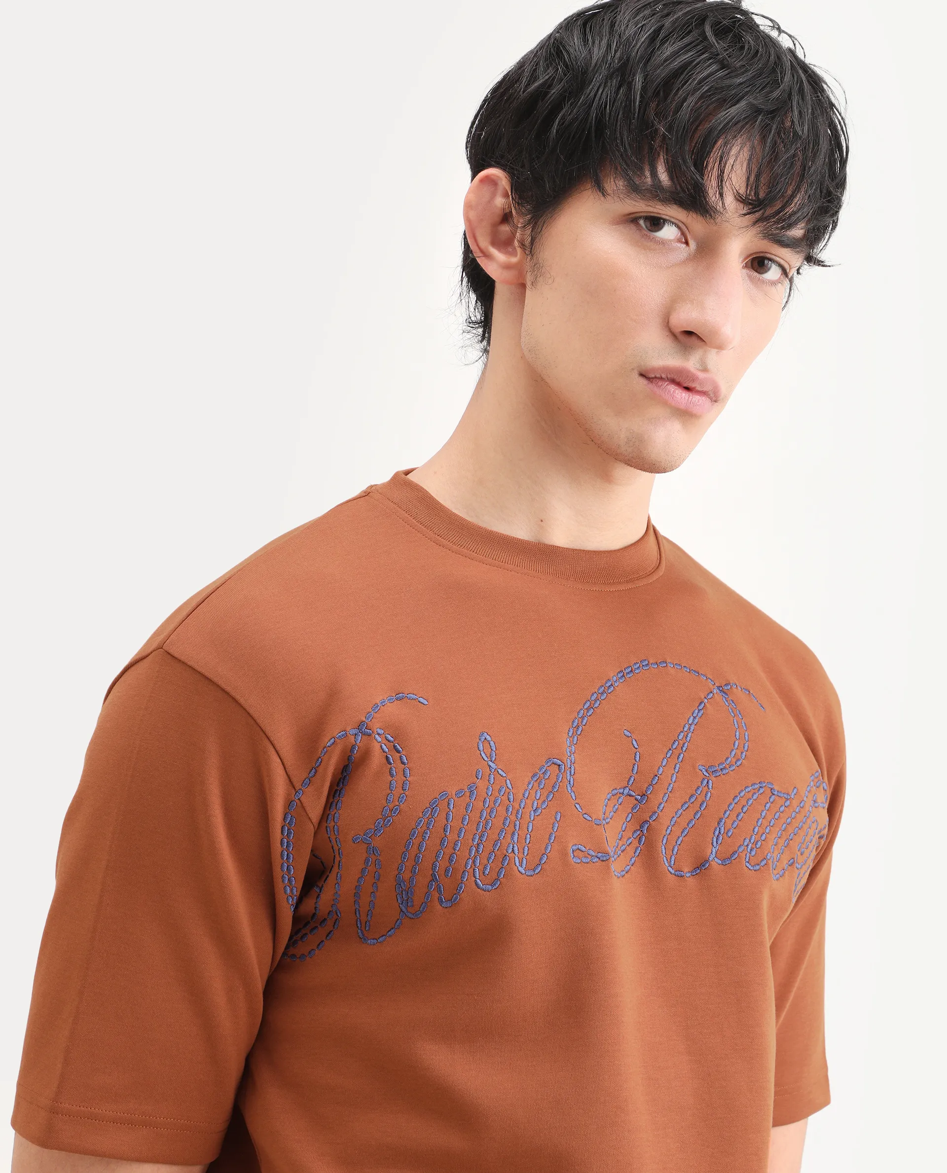 Rare Rabbit Men's Lort Dark Orange Cotton Blend Fabric Half Sleeve Crew Neck Oversize Embroidered T-Shirt - Image 4