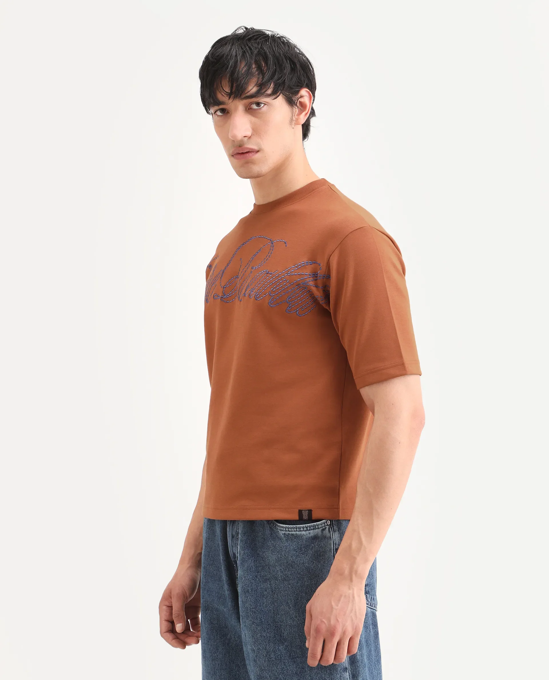 Rare Rabbit Men's Lort Dark Orange Cotton Blend Fabric Half Sleeve Crew Neck Oversize Embroidered T-Shirt - Image 5