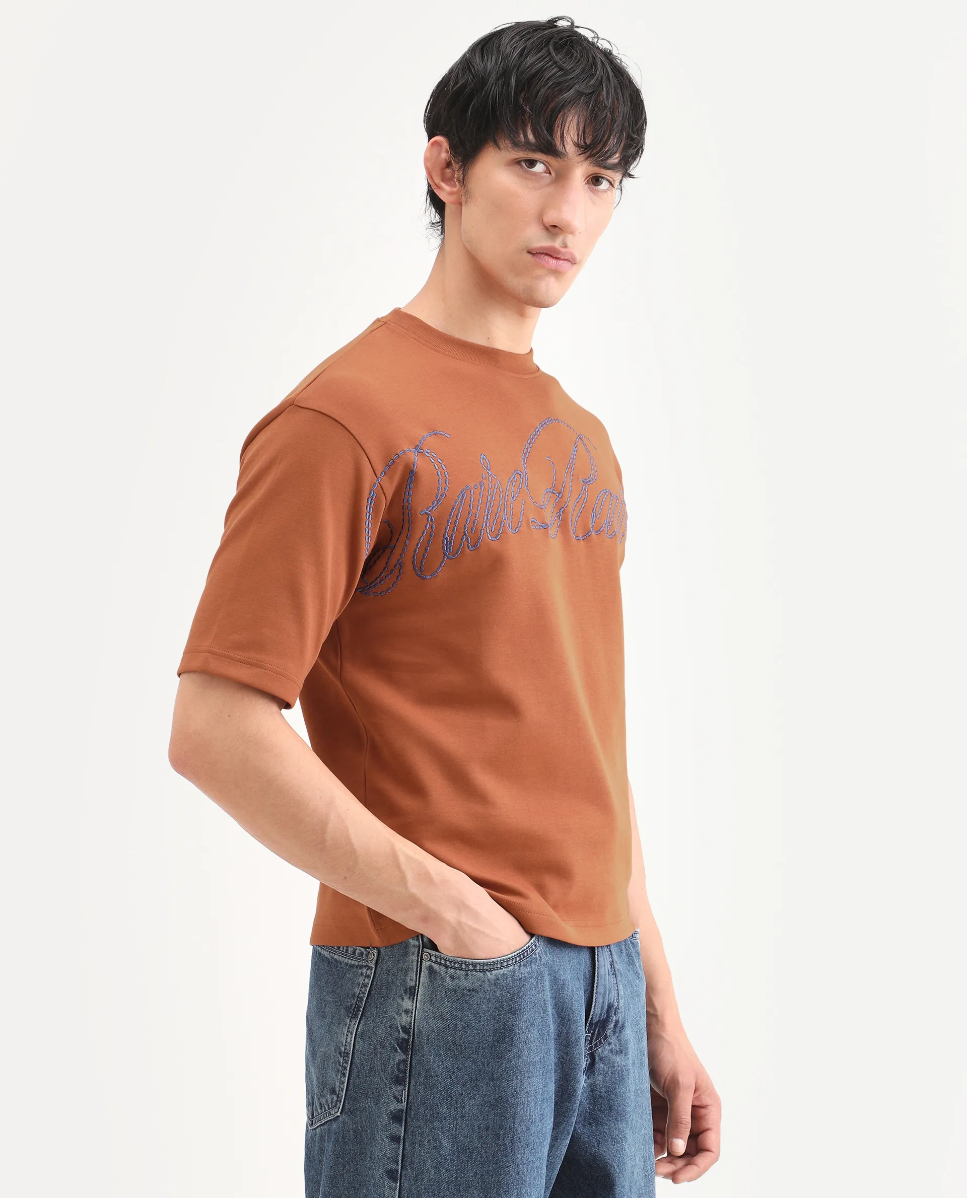 Rare Rabbit Men's Lort Dark Orange Cotton Blend Fabric Half Sleeve Crew Neck Oversize Embroidered T-Shirt - Image 6