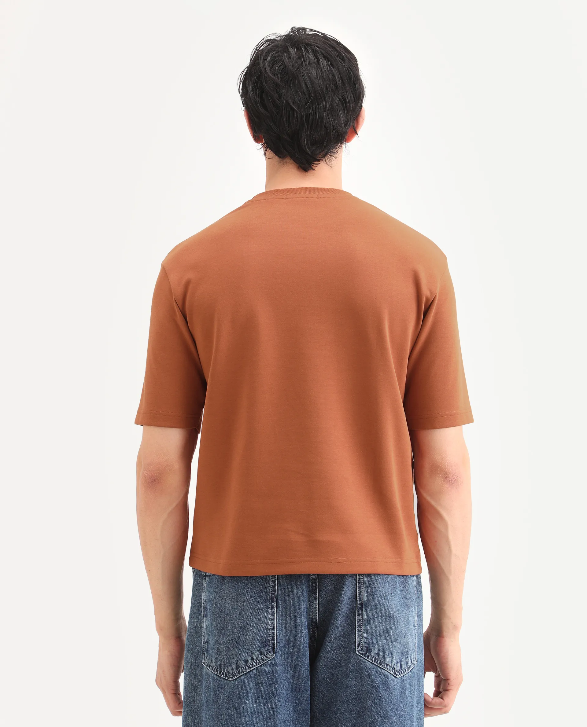 Rare Rabbit Men's Lort Dark Orange Cotton Blend Fabric Half Sleeve Crew Neck Oversize Embroidered T-Shirt - Image 7