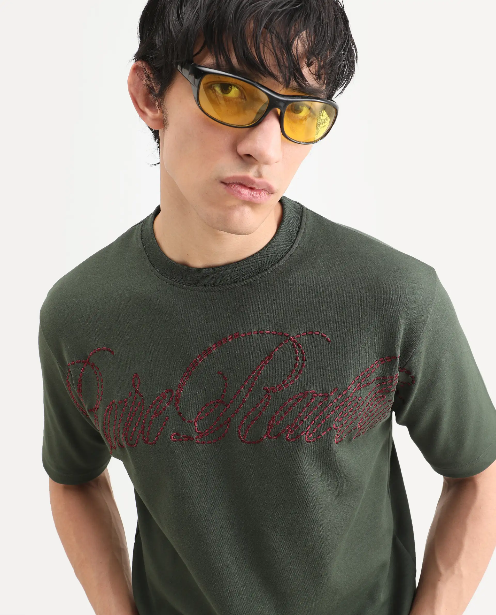 Rare Rabbit Men's Lort Dusky Green Cotton Blend Fabric Half Sleeve Crew Neck Oversize Embroidered T-Shirt