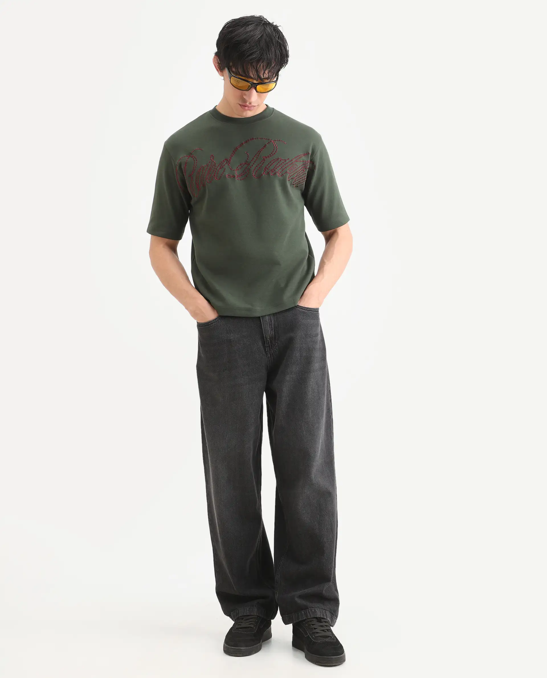 Rare Rabbit Men's Lort Dusky Green Cotton Blend Fabric Half Sleeve Crew Neck Oversize Embroidered T-Shirt - Image 2