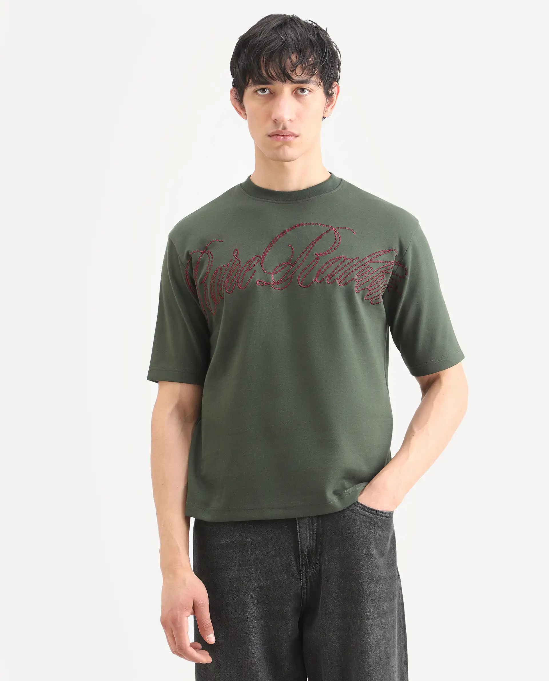 Rare Rabbit Men's Lort Dusky Green Cotton Blend Fabric Half Sleeve Crew Neck Oversize Embroidered T-Shirt - Image 3