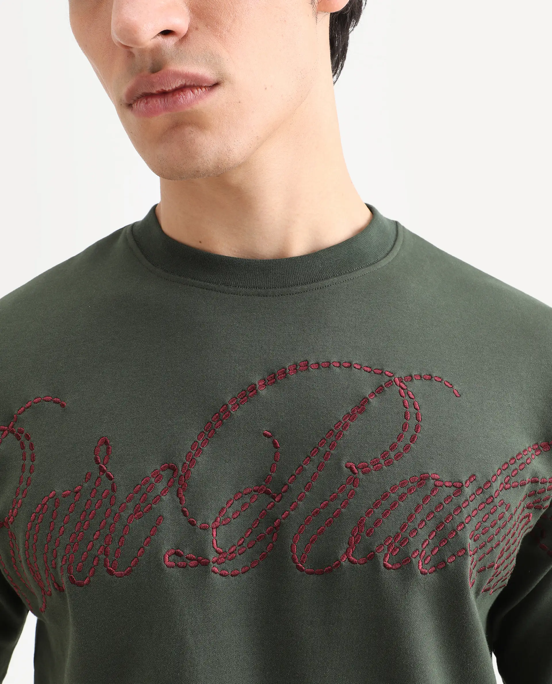 Rare Rabbit Men's Lort Dusky Green Cotton Blend Fabric Half Sleeve Crew Neck Oversize Embroidered T-Shirt - Image 4