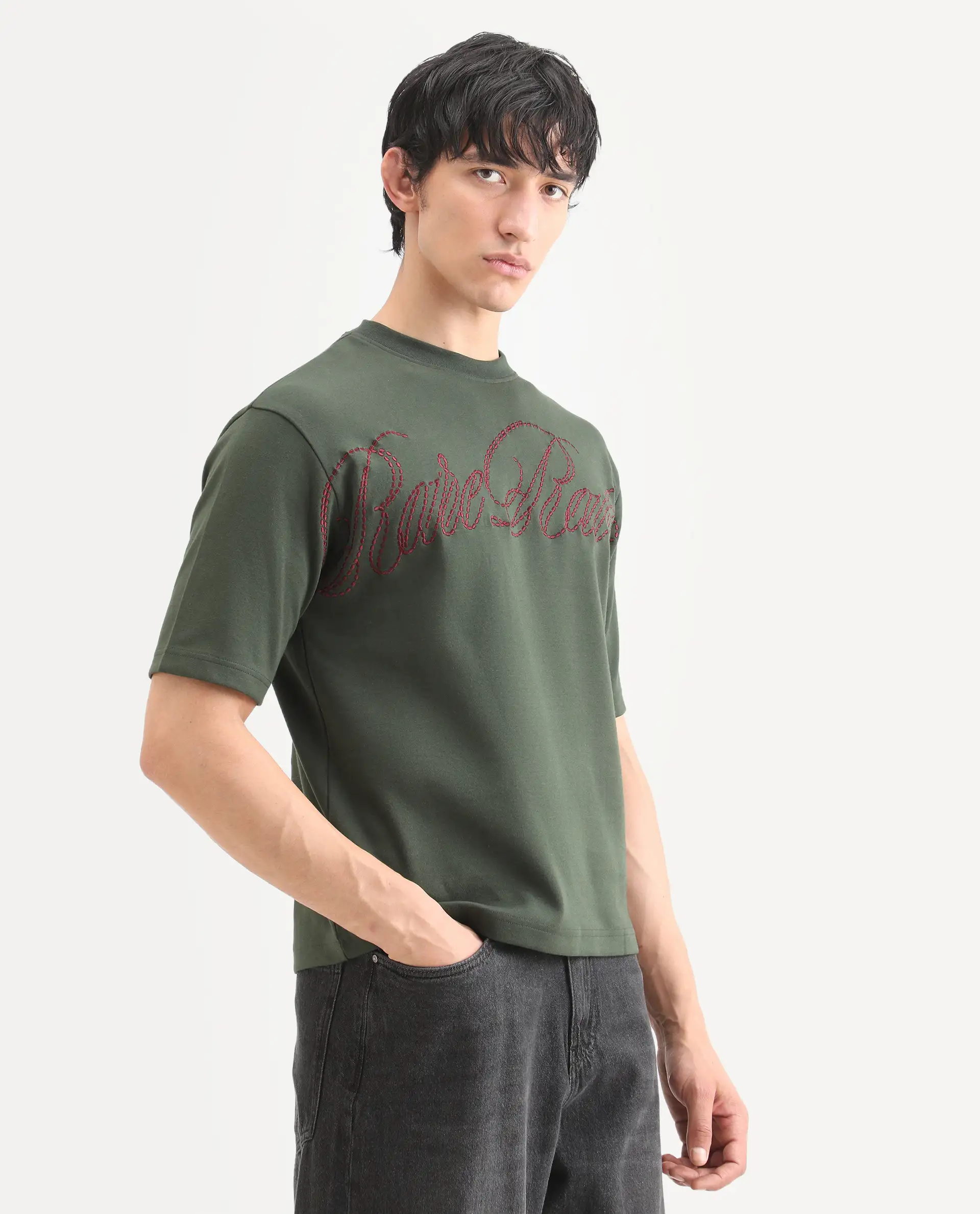 Rare Rabbit Men's Lort Dusky Green Cotton Blend Fabric Half Sleeve Crew Neck Oversize Embroidered T-Shirt - Image 5