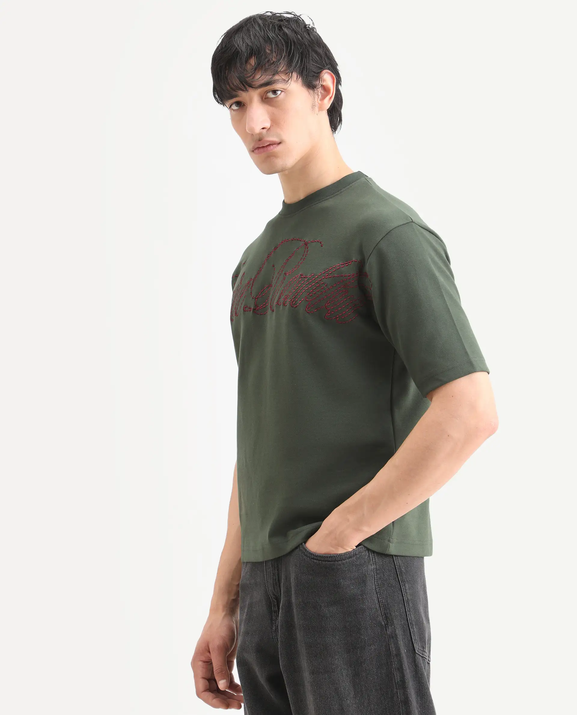 Rare Rabbit Men's Lort Dusky Green Cotton Blend Fabric Half Sleeve Crew Neck Oversize Embroidered T-Shirt - Image 6