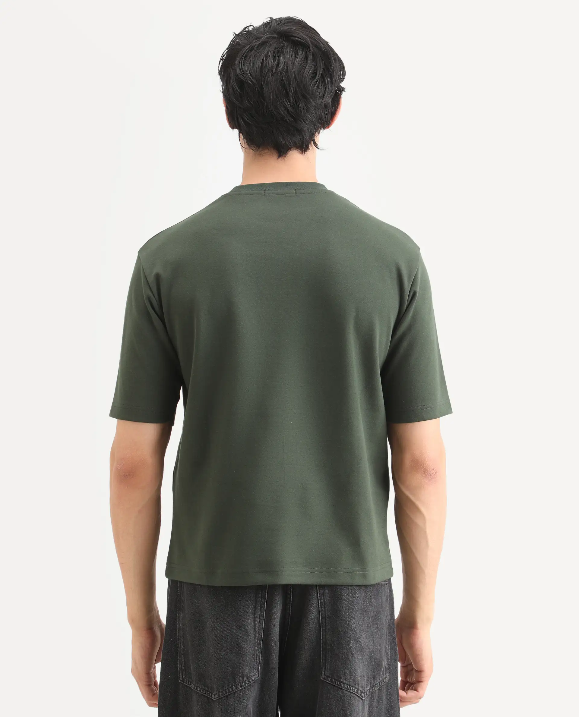 Rare Rabbit Men's Lort Dusky Green Cotton Blend Fabric Half Sleeve Crew Neck Oversize Embroidered T-Shirt - Image 7