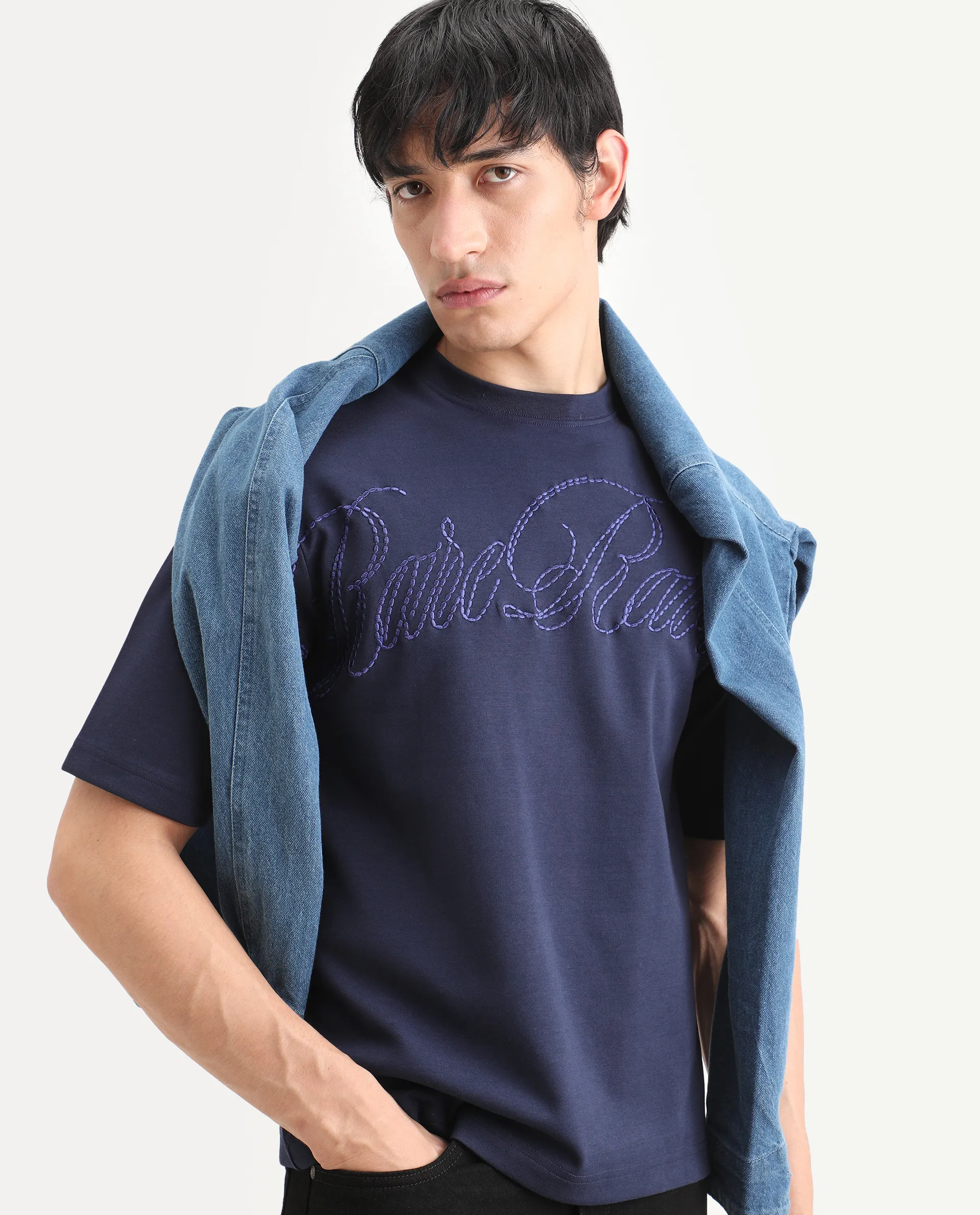 Rare Rabbit Men's Lort Dusky Navy Cotton Blend Fabric Half Sleeve Crew Neck Oversize Embroidered T-Shirt