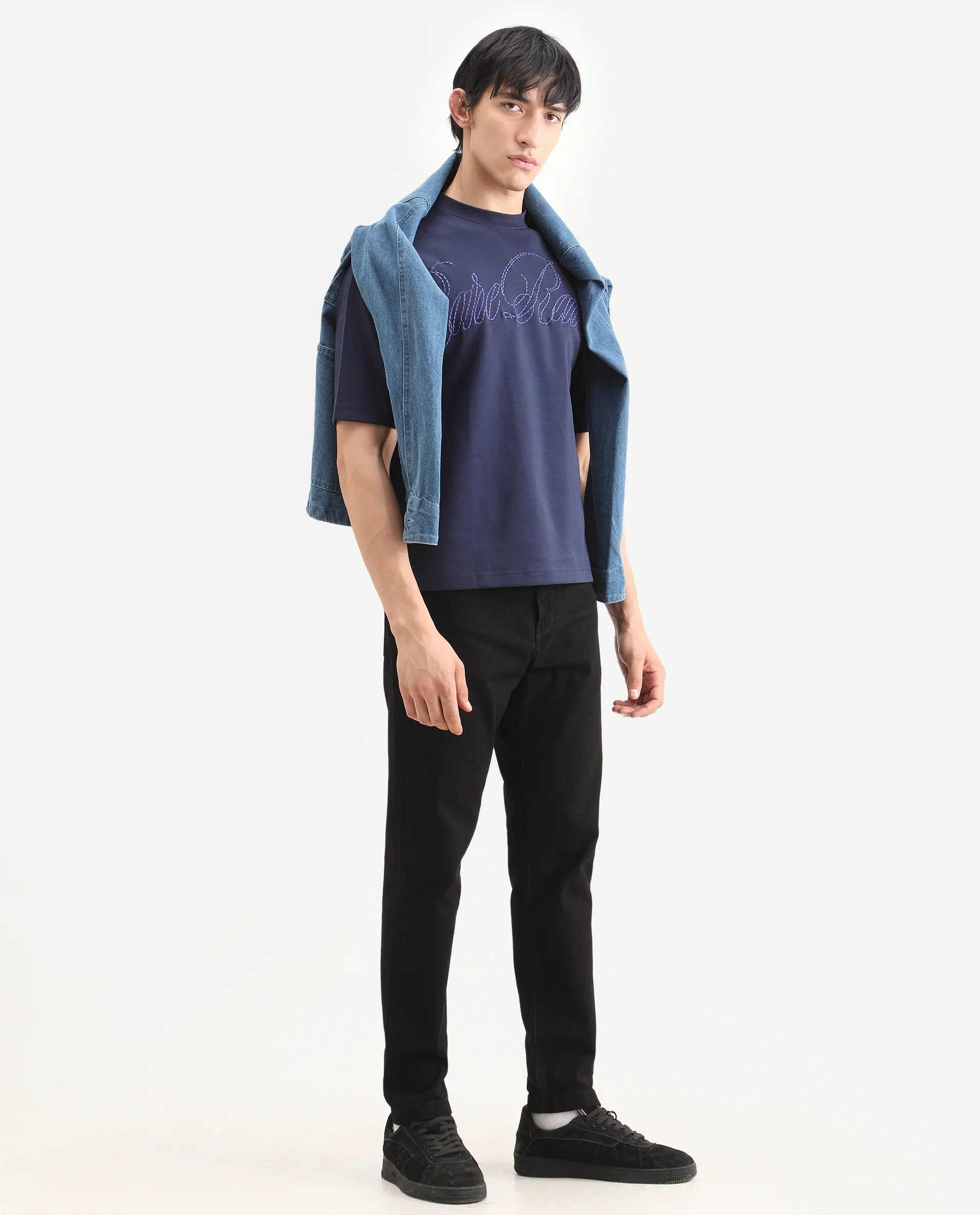 Rare Rabbit Men's Lort Dusky Navy Cotton Blend Fabric Half Sleeve Crew Neck Oversize Embroidered T-Shirt - Image 2