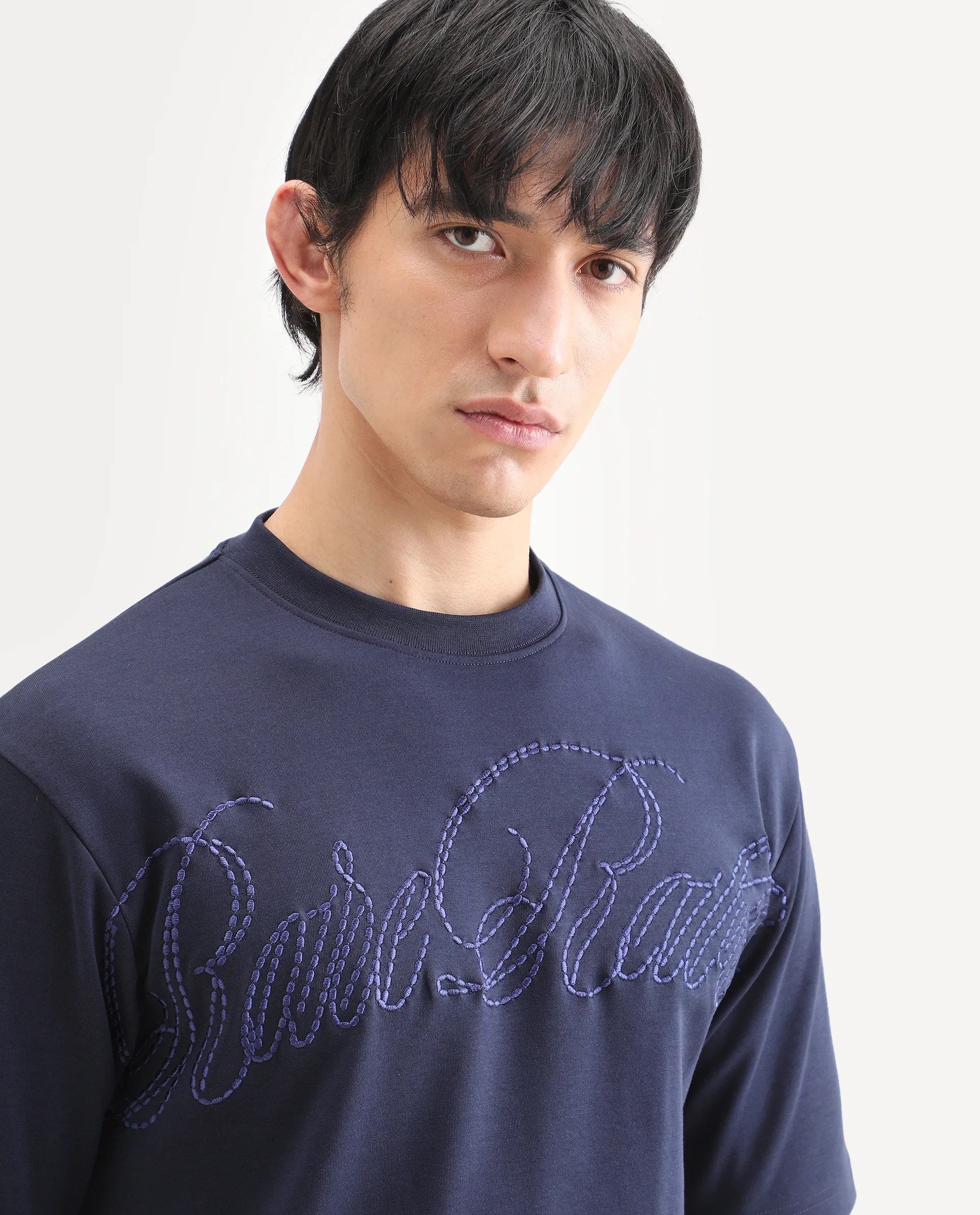 Rare Rabbit Men's Lort Dusky Navy Cotton Blend Fabric Half Sleeve Crew Neck Oversize Embroidered T-Shirt - Image 3