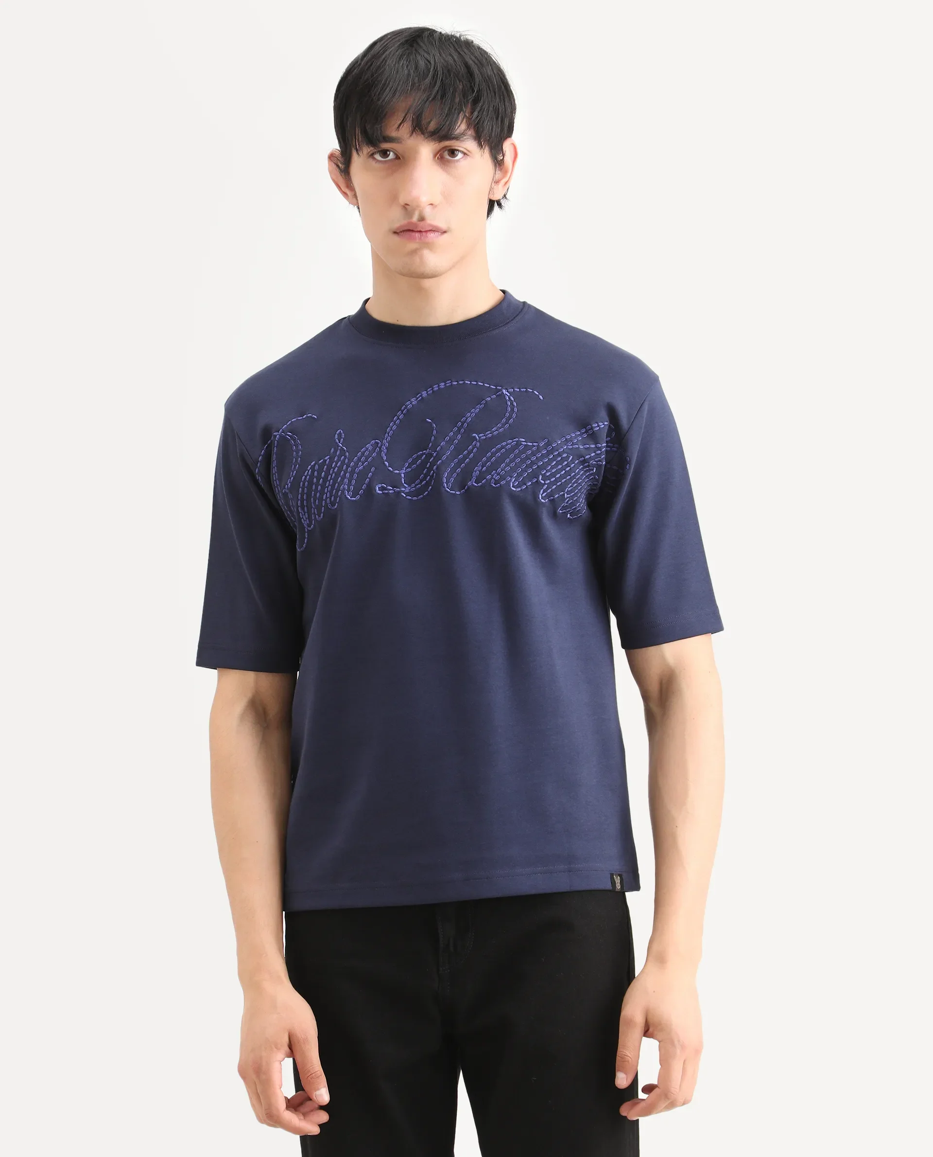 Rare Rabbit Men's Lort Dusky Navy Cotton Blend Fabric Half Sleeve Crew Neck Oversize Embroidered T-Shirt - Image 4