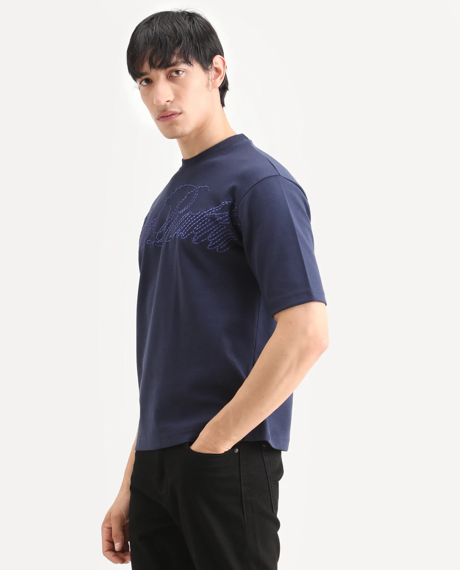Rare Rabbit Men's Lort Dusky Navy Cotton Blend Fabric Half Sleeve Crew Neck Oversize Embroidered T-Shirt - Image 5