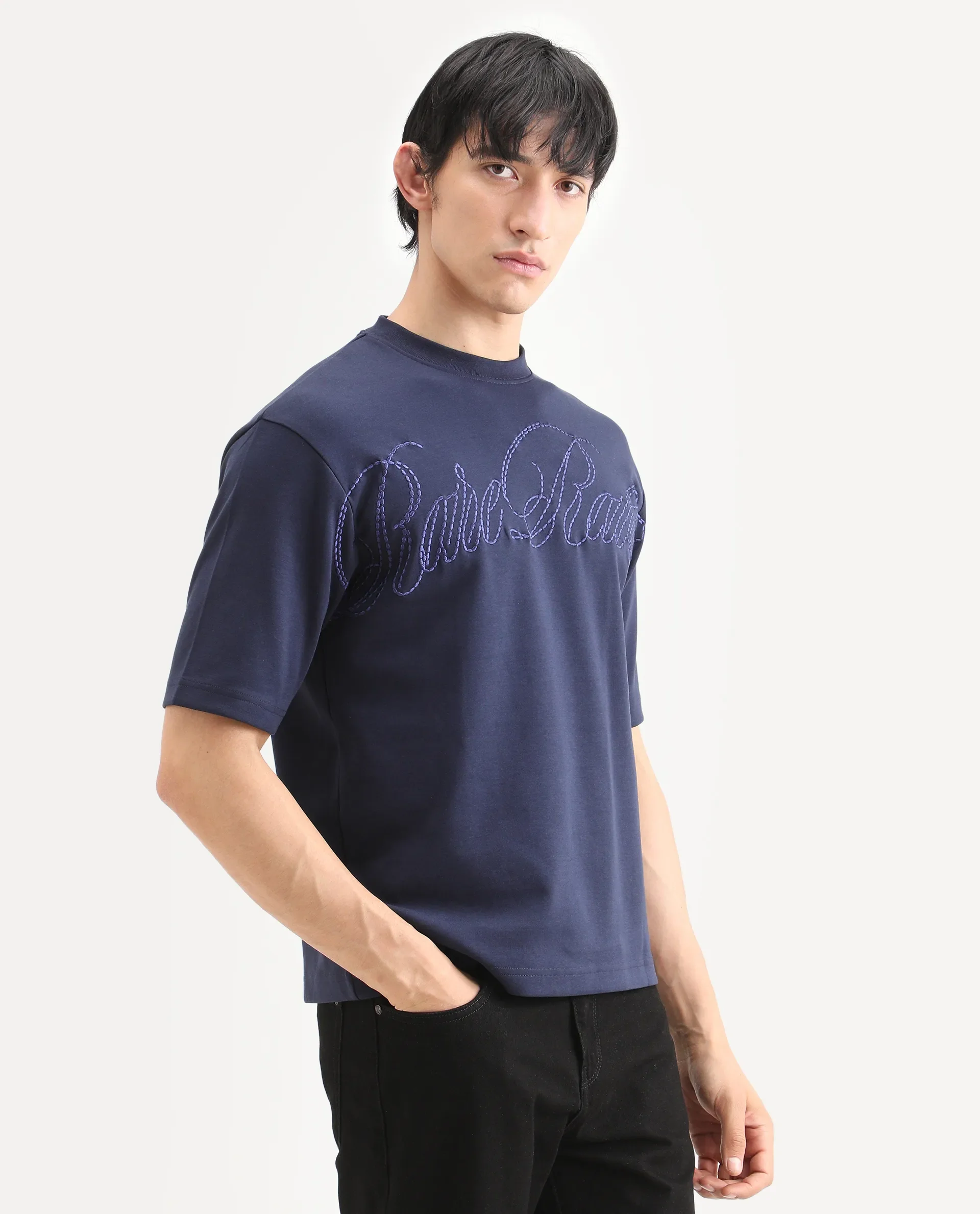 Rare Rabbit Men's Lort Dusky Navy Cotton Blend Fabric Half Sleeve Crew Neck Oversize Embroidered T-Shirt - Image 6