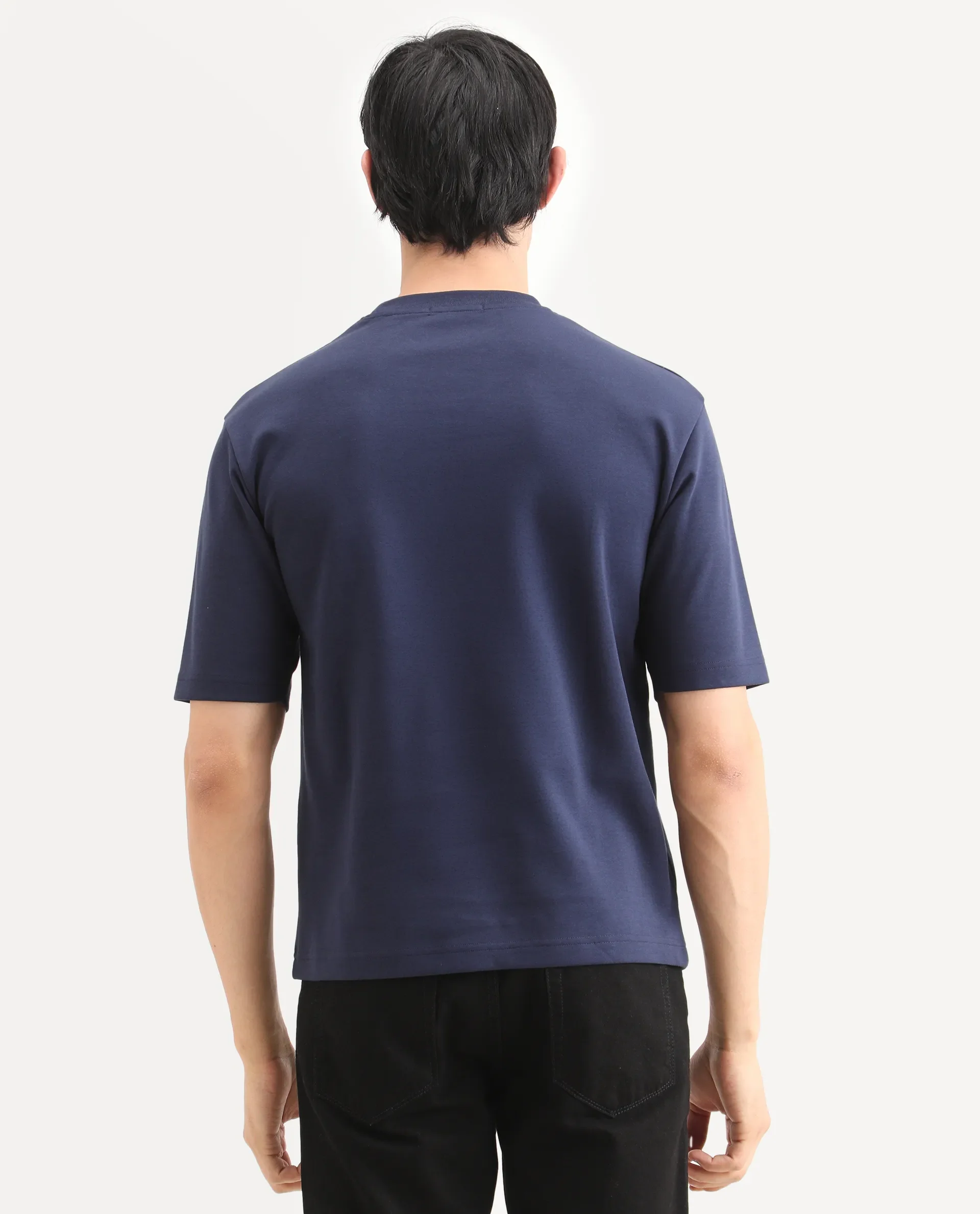 Rare Rabbit Men's Lort Dusky Navy Cotton Blend Fabric Half Sleeve Crew Neck Oversize Embroidered T-Shirt - Image 8