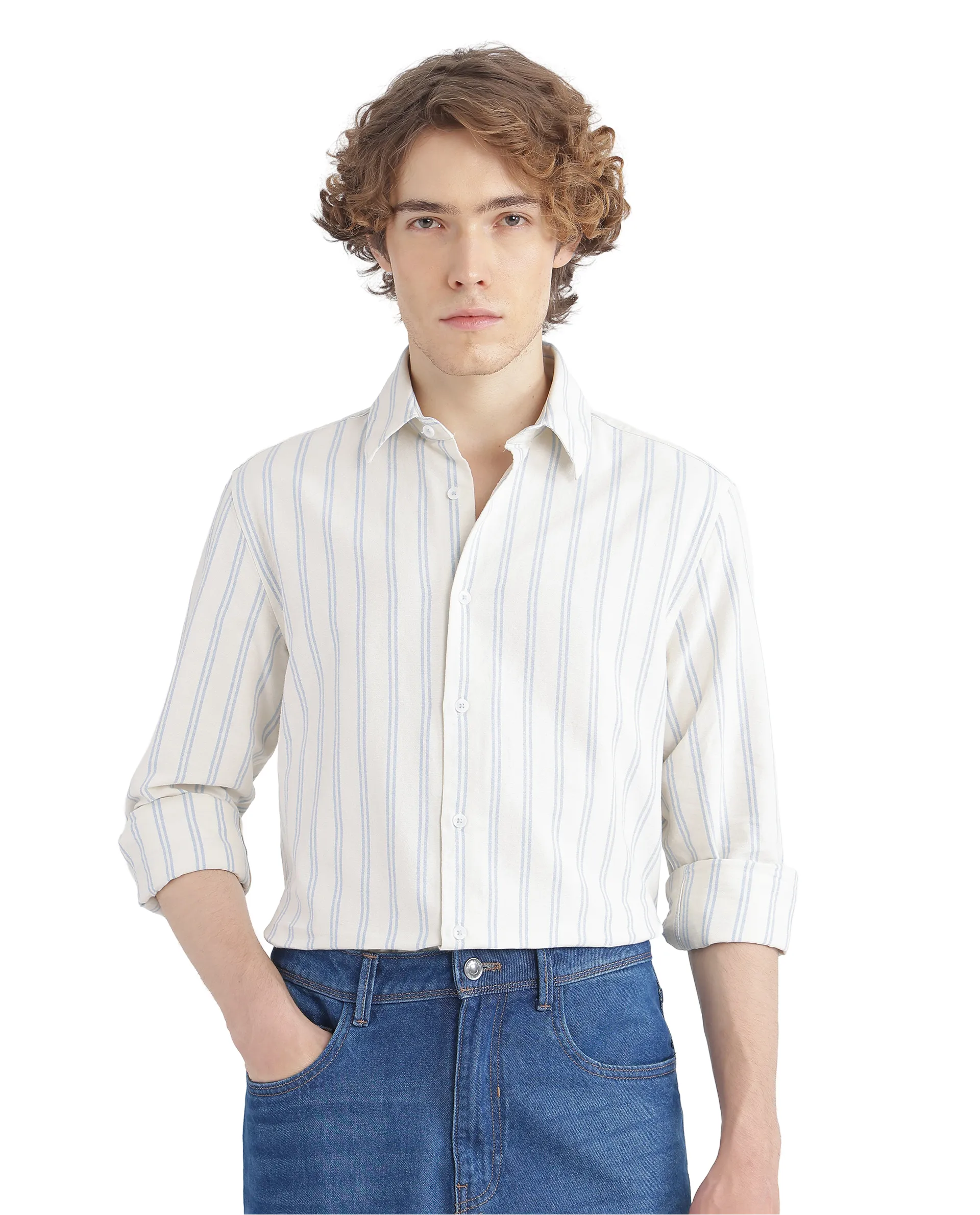 Rare Rabbit Men's Lorw Blue Cotton Striped Print Regular Fit Full Sleeve Collared Shirt - Image 2