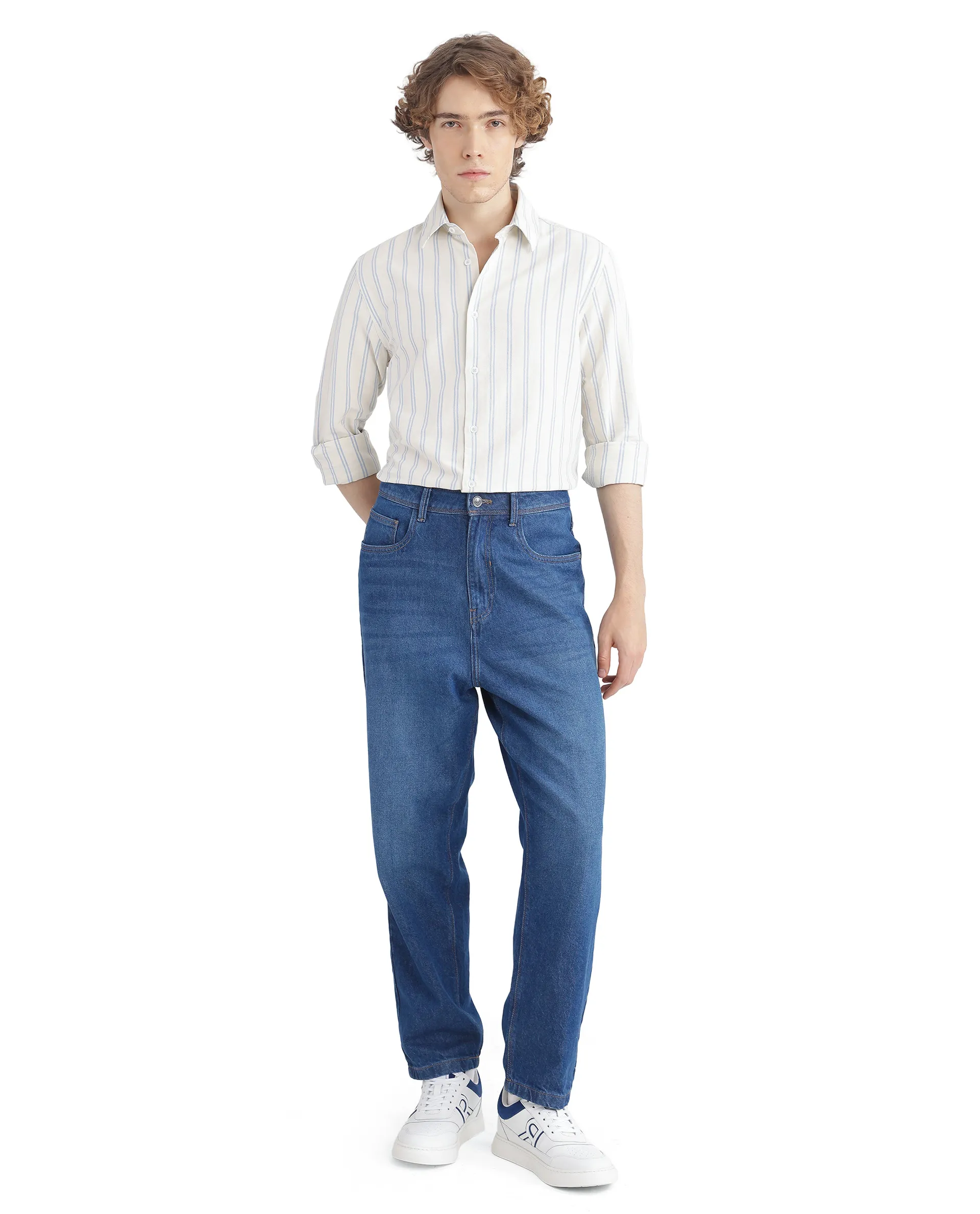 Rare Rabbit Men's Lorw Blue Cotton Striped Print Regular Fit Full Sleeve Collared Shirt - Image 4