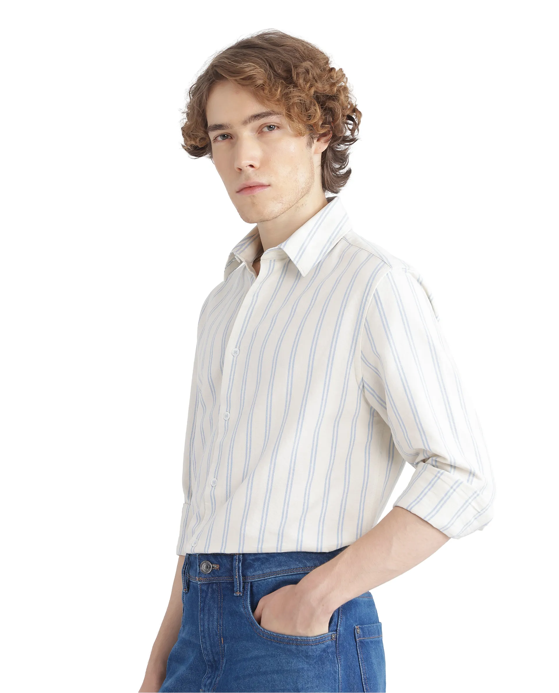 Rare Rabbit Men's Lorw Blue Cotton Striped Print Regular Fit Full Sleeve Collared Shirt - Image 5