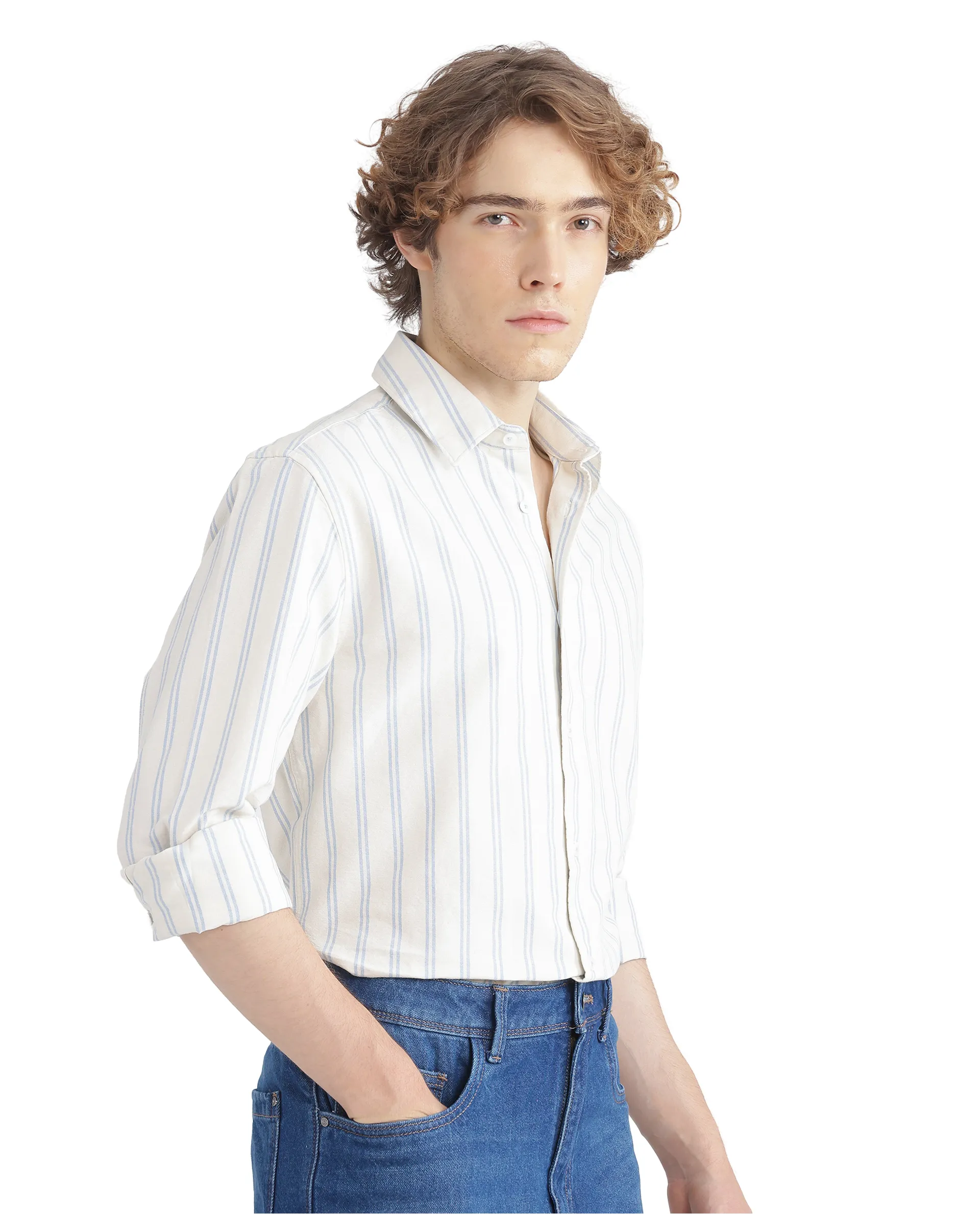 Rare Rabbit Men's Lorw Blue Cotton Striped Print Regular Fit Full Sleeve Collared Shirt - Image 6