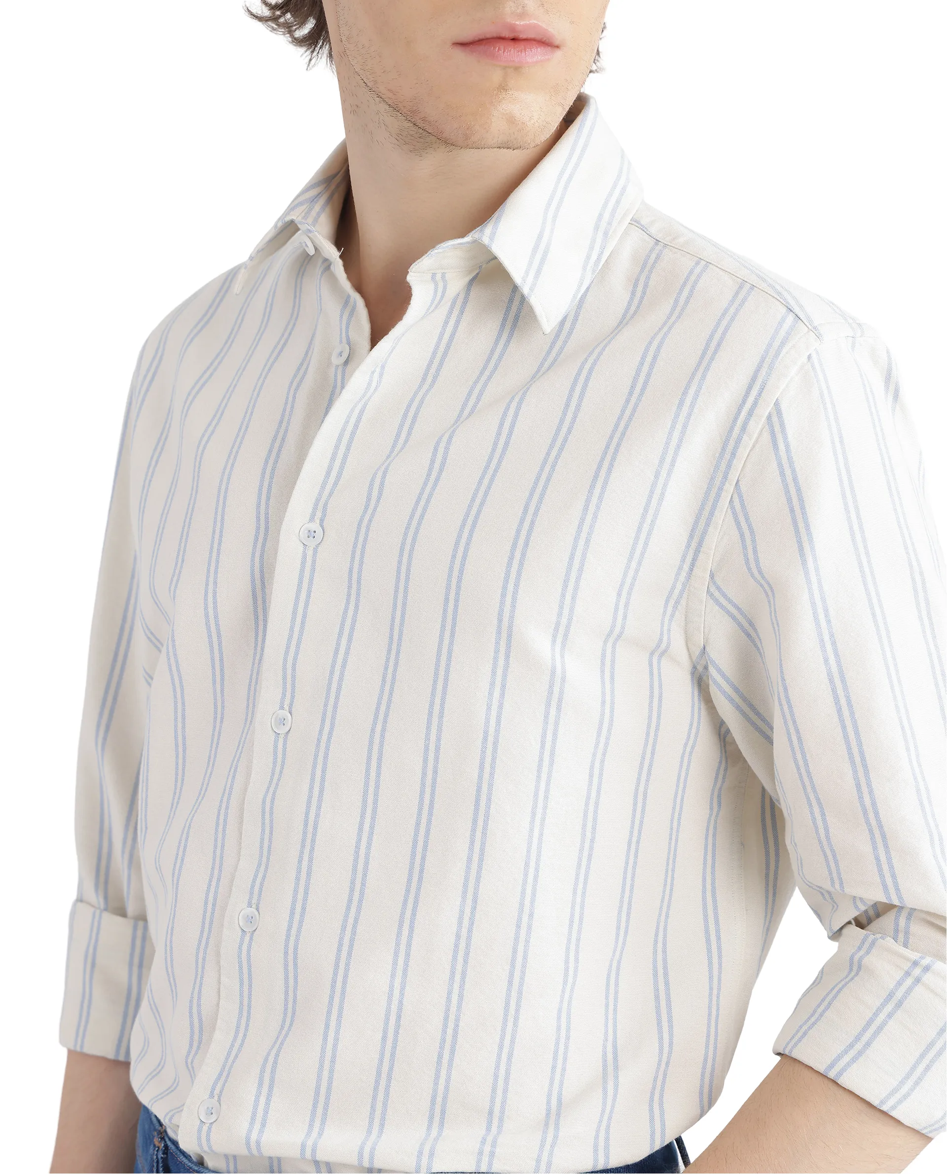 Rare Rabbit Men's Lorw Blue Cotton Striped Print Regular Fit Full Sleeve Collared Shirt - Image 8