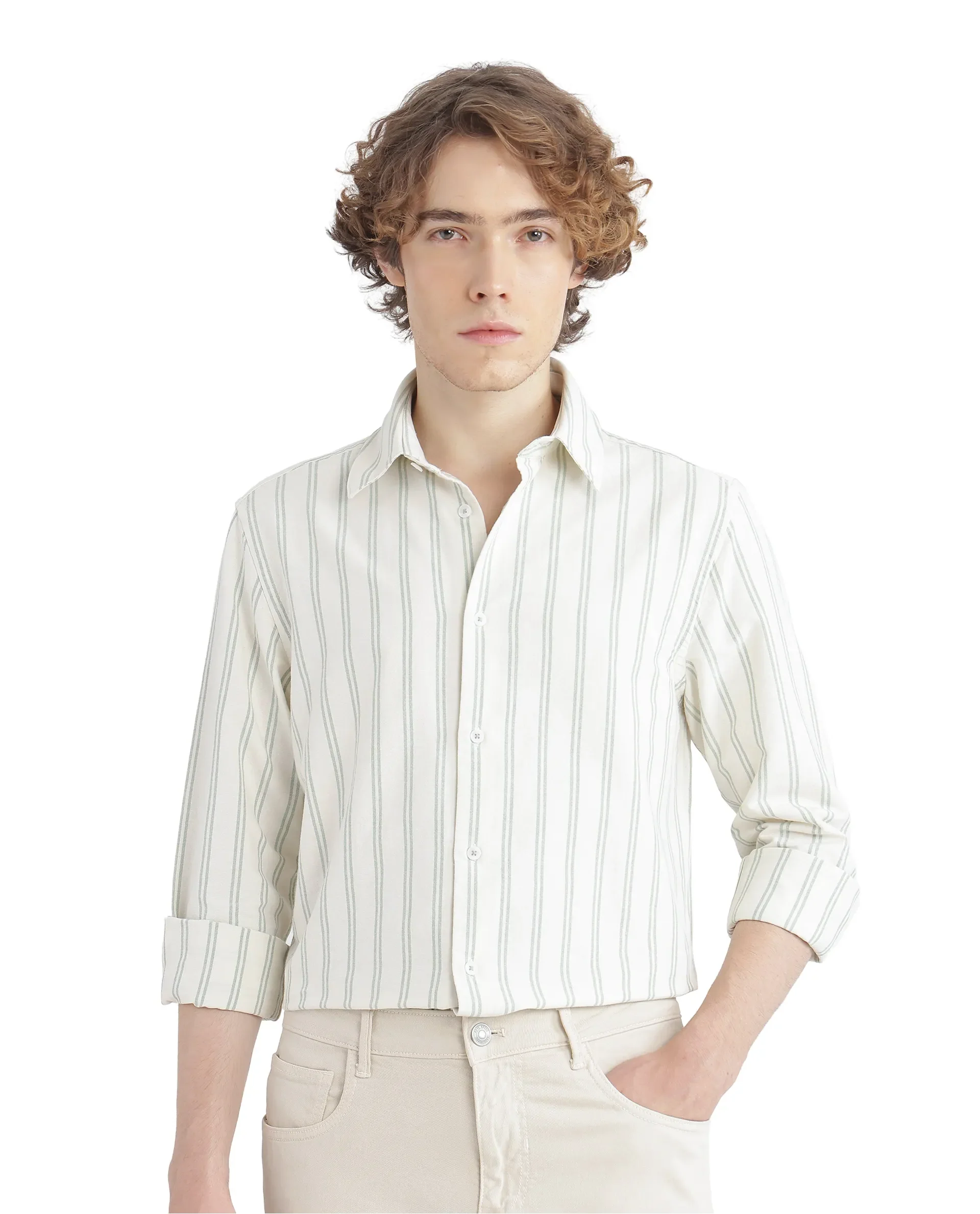 Rare Rabbit Men's Lorw Pastel Green Cotton Striped Print Regular Fit Full Sleeve Collared Shirt - Image 2