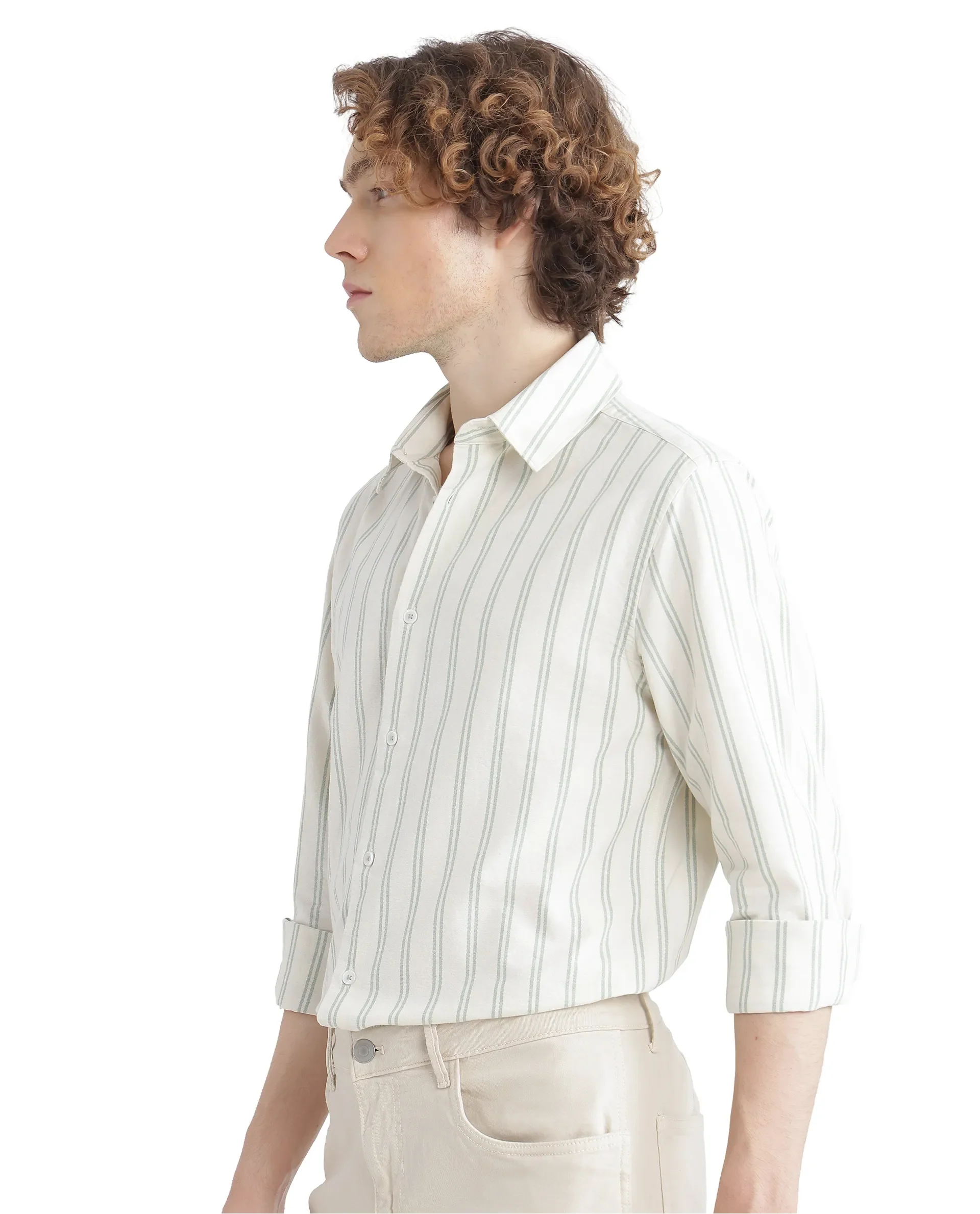 Rare Rabbit Men's Lorw Pastel Green Cotton Striped Print Regular Fit Full Sleeve Collared Shirt - Image 5