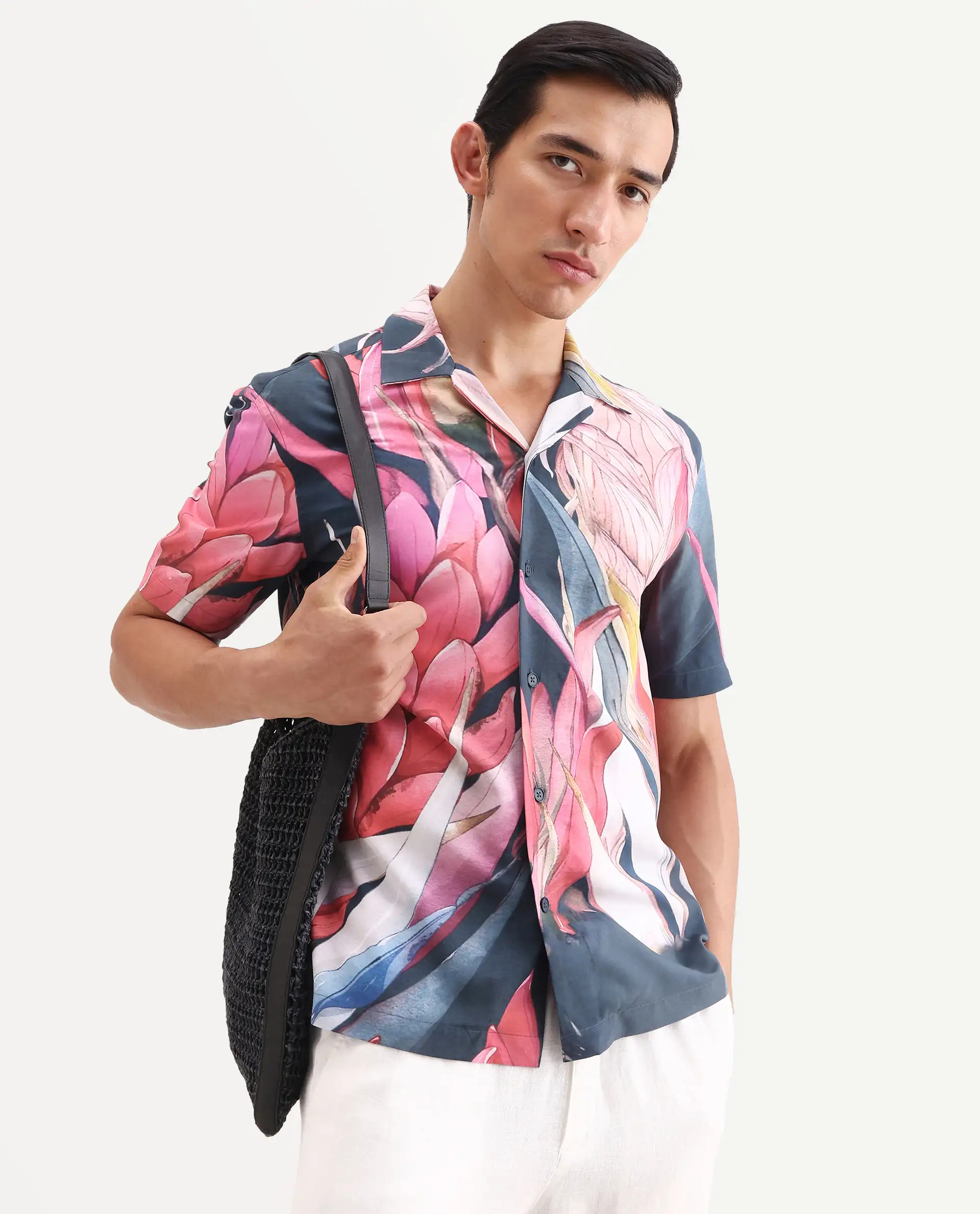 Rare Rabbit Men's Lory Dark Navy Viscose Fabric Half Sleeve Cuban Collar Regular Fit Tropical Print Shirt