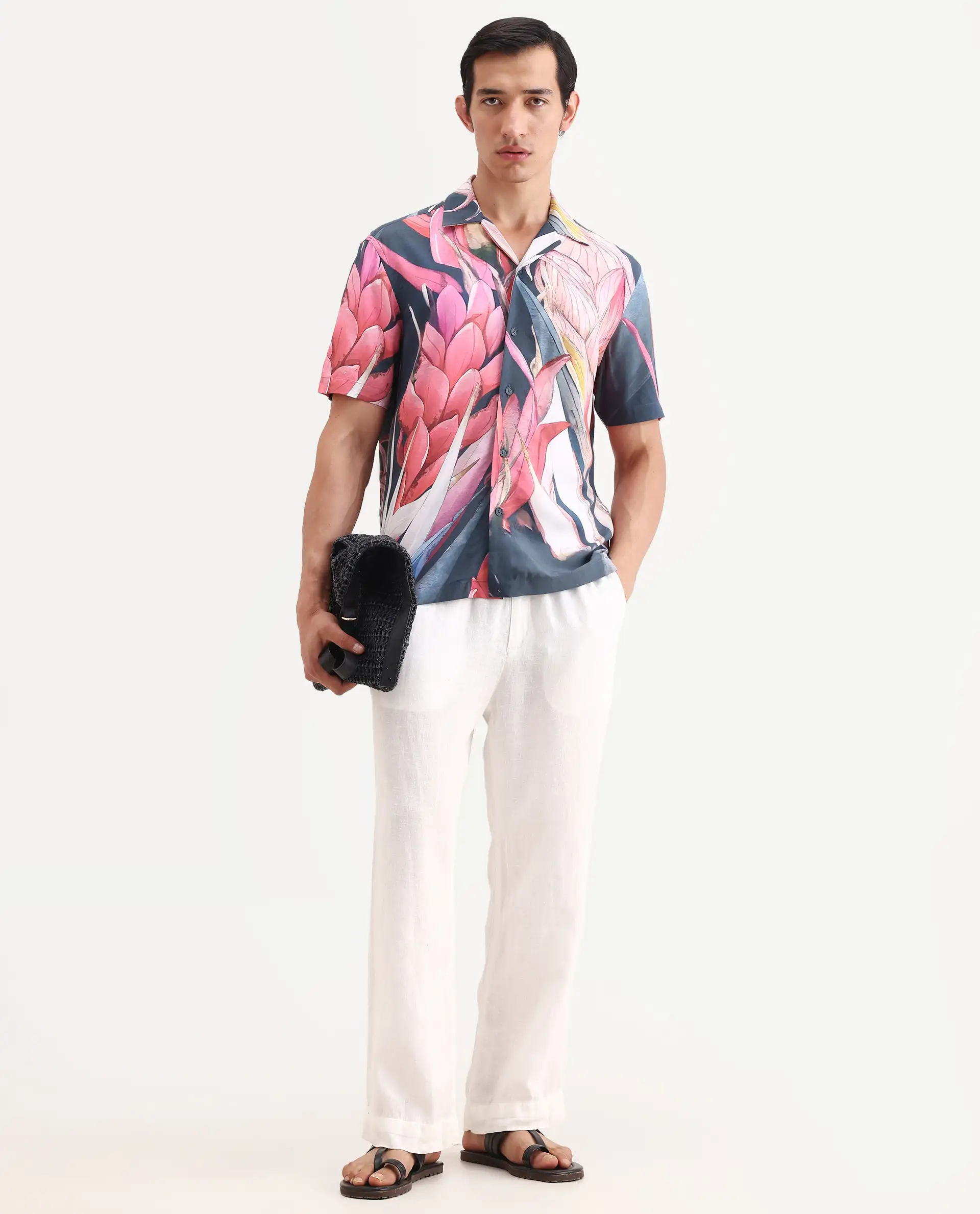 Rare Rabbit Men's Lory Dark Navy Viscose Fabric Half Sleeve Cuban Collar Regular Fit Tropical Print Shirt - Image 2