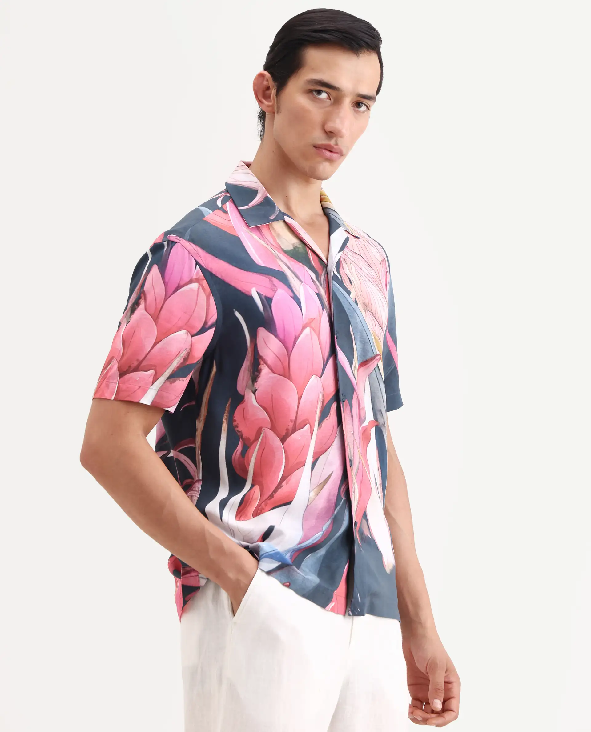 Rare Rabbit Men's Lory Dark Navy Viscose Fabric Half Sleeve Cuban Collar Regular Fit Tropical Print Shirt - Image 4