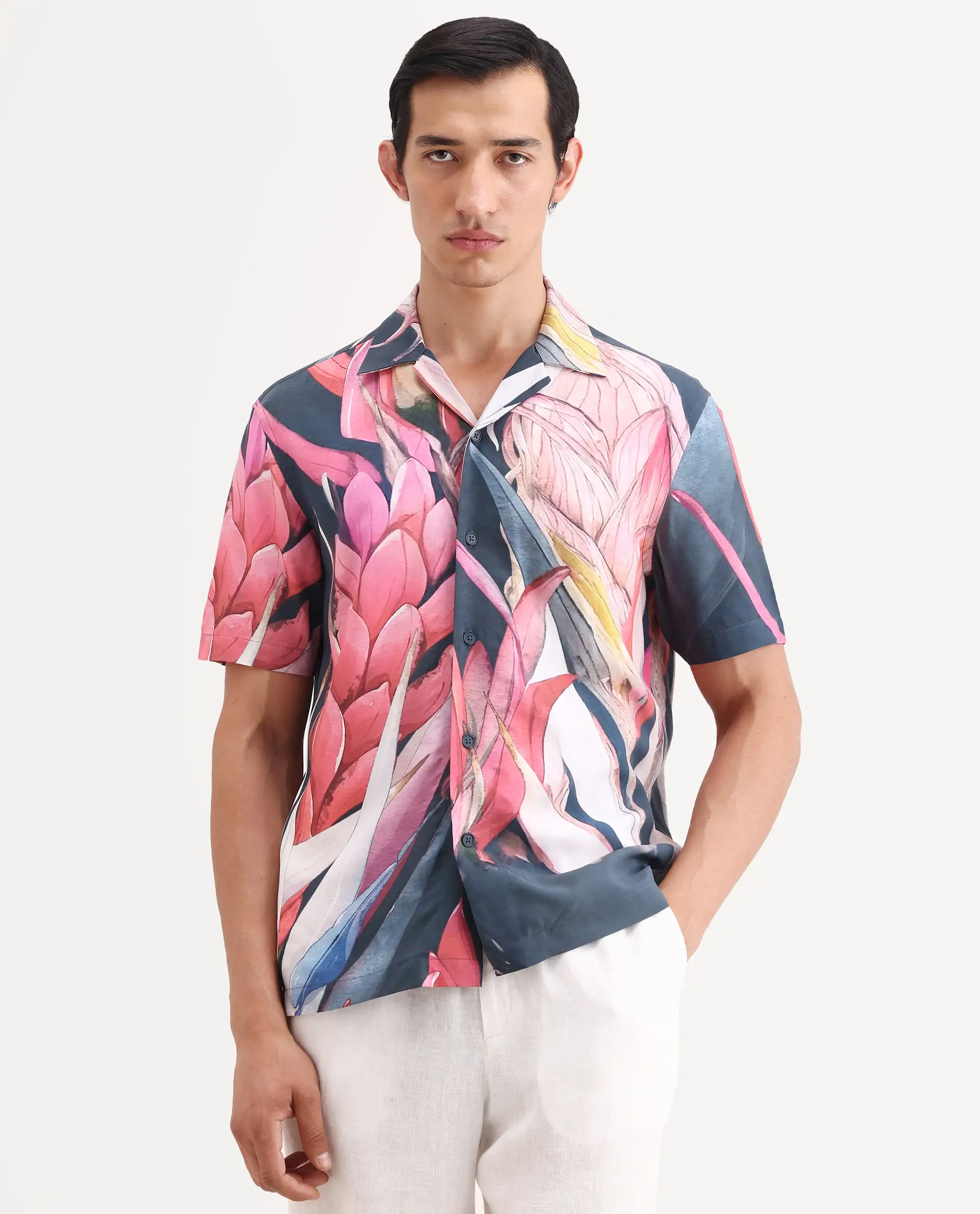 Rare Rabbit Men's Lory Dark Navy Viscose Fabric Half Sleeve Cuban Collar Regular Fit Tropical Print Shirt - Image 5