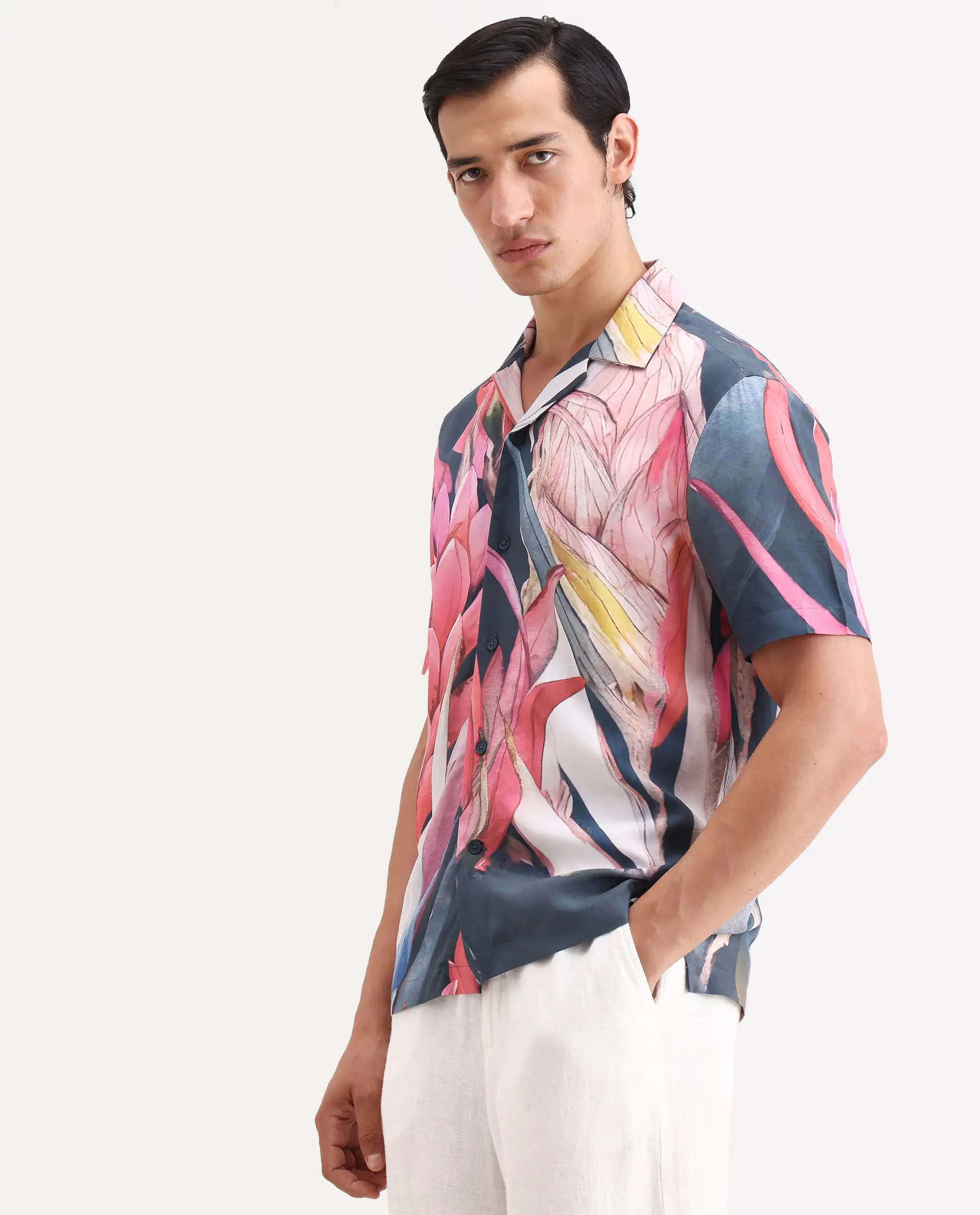 Rare Rabbit Men's Lory Dark Navy Viscose Fabric Half Sleeve Cuban Collar Regular Fit Tropical Print Shirt - Image 6